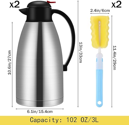 Miniatura 2 de Nuogo 2 jarras térmicas de café de 102 onzas con aislamiento de acero inoxidable de doble pared al vacío, olla térmica con cepillo para uso en casa