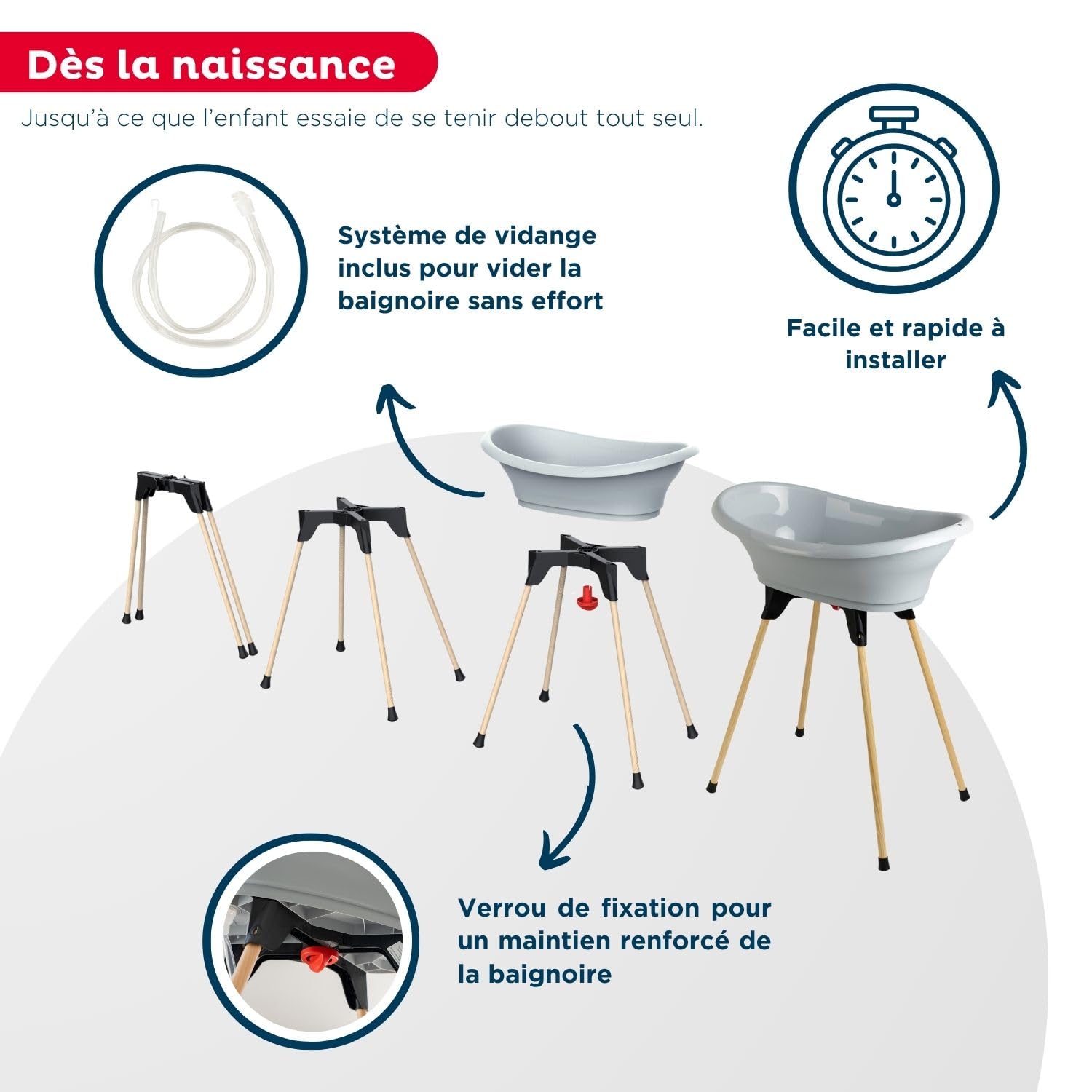 THERMOBABY-Kit Vasca da bagno per neonati-Vasco-Vasca da bagno, piede in legno e tubo di scarico-Innovazione brevettata-Pieghevole e stabile-Può ospitare lettino da bagno-Made in France-Grigio Charme