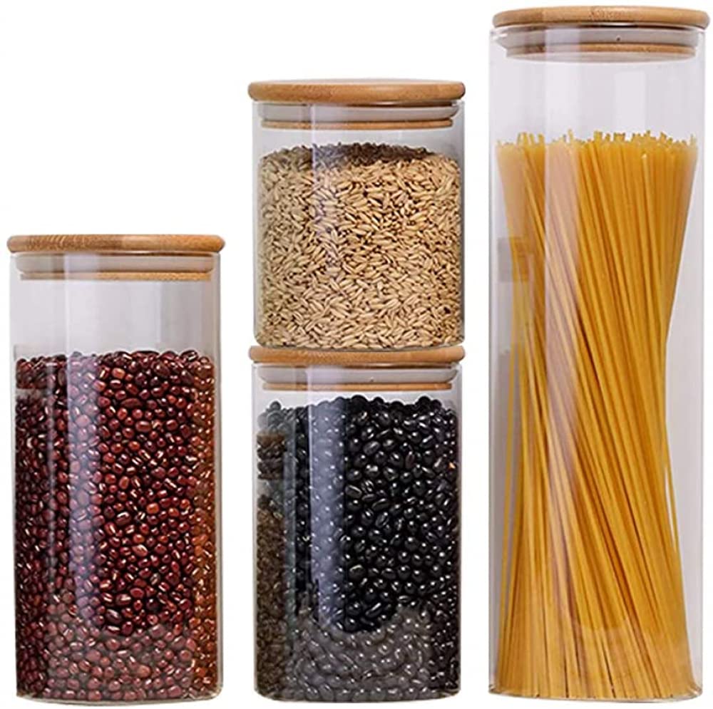 Lot de 4 distributeurs de céréales en verre avec couvercle en bambou et anneau d'étanchéité en silicone pour noix, pâtes, spaghetti, thé, café, collation