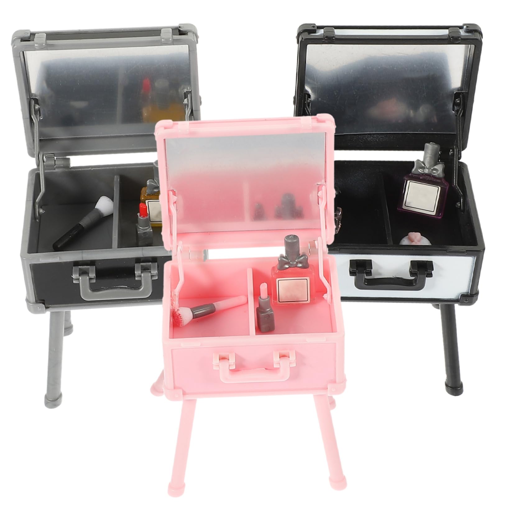 3 Stück Miniatur Schminkbox aus Kunststoff mit Realistischem Design Nicht Verformbar als Dekoratives Puppenhaus Accessoire und Foto Requisite Geeignet