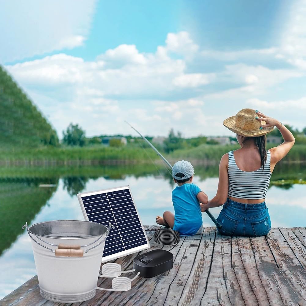 15W Solar Oxygen Pump with 4400mAh Battery Backup, Adjustable Panel and Air Stone for Fish Tank Aerator in Bird Baths and Small Ponds
