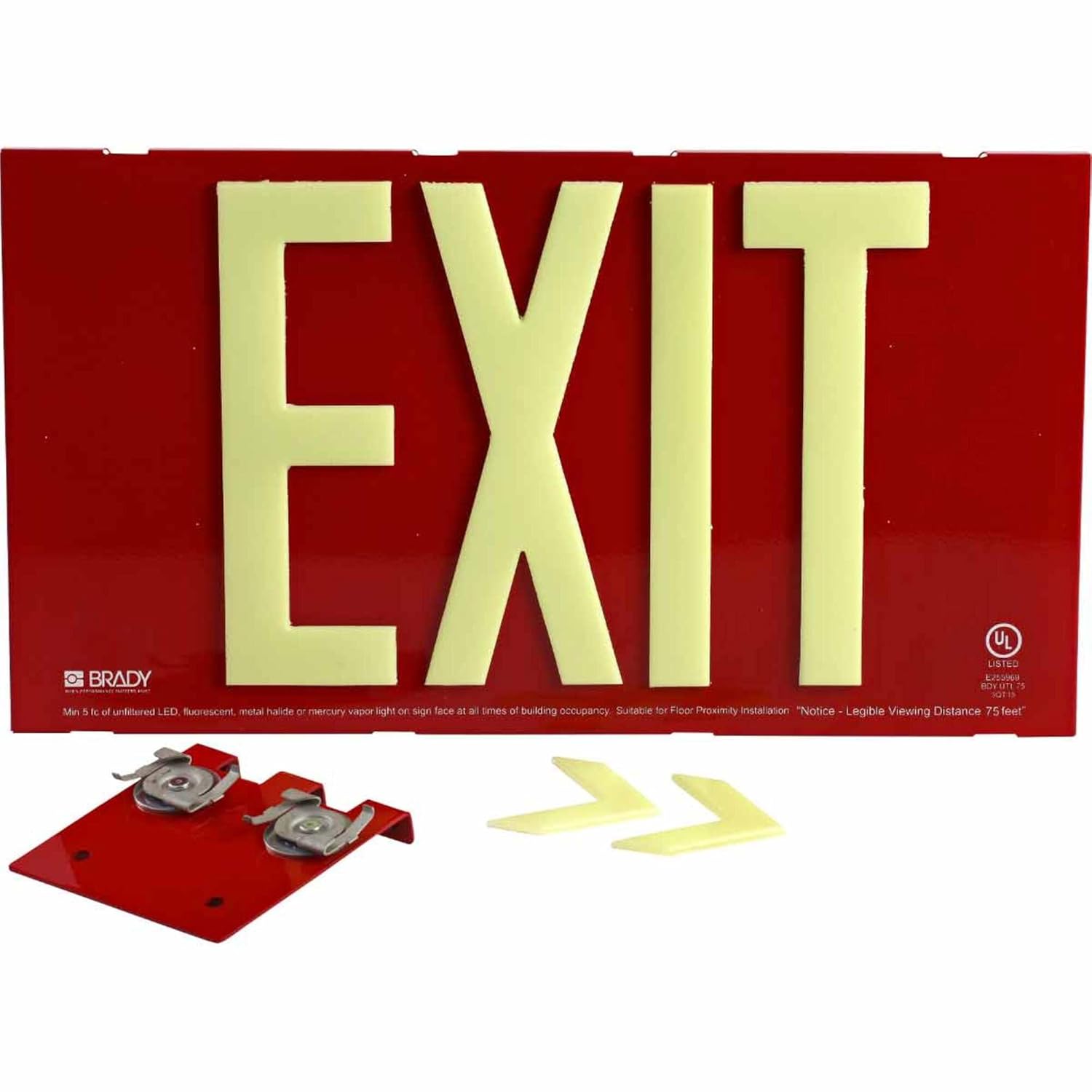 Brady Glo UL 924 Listed Exit Sign, Steel Framed, 75' Viewing Distance, Double Sided with T-Bar, Aluminum/Steel, 8.75" x 15.75" x .25", Red