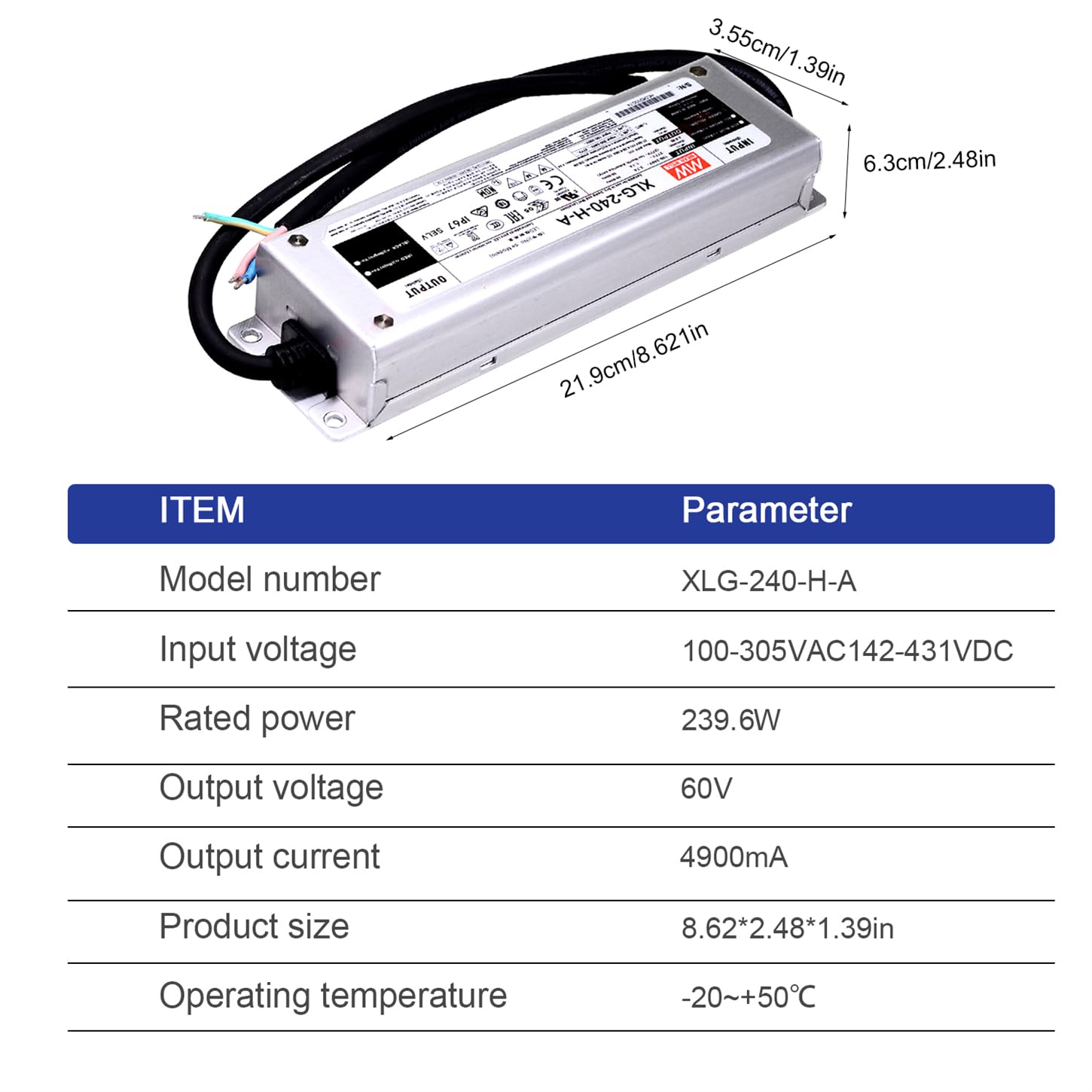 XLG-240-H-A 240W LED Driver Power Supply - 4000mA Constant Current, 27-56V Output, IP67 Waterproof for Horticulture Lighting, Greenhouse Lighting, and High Power Grow Lights