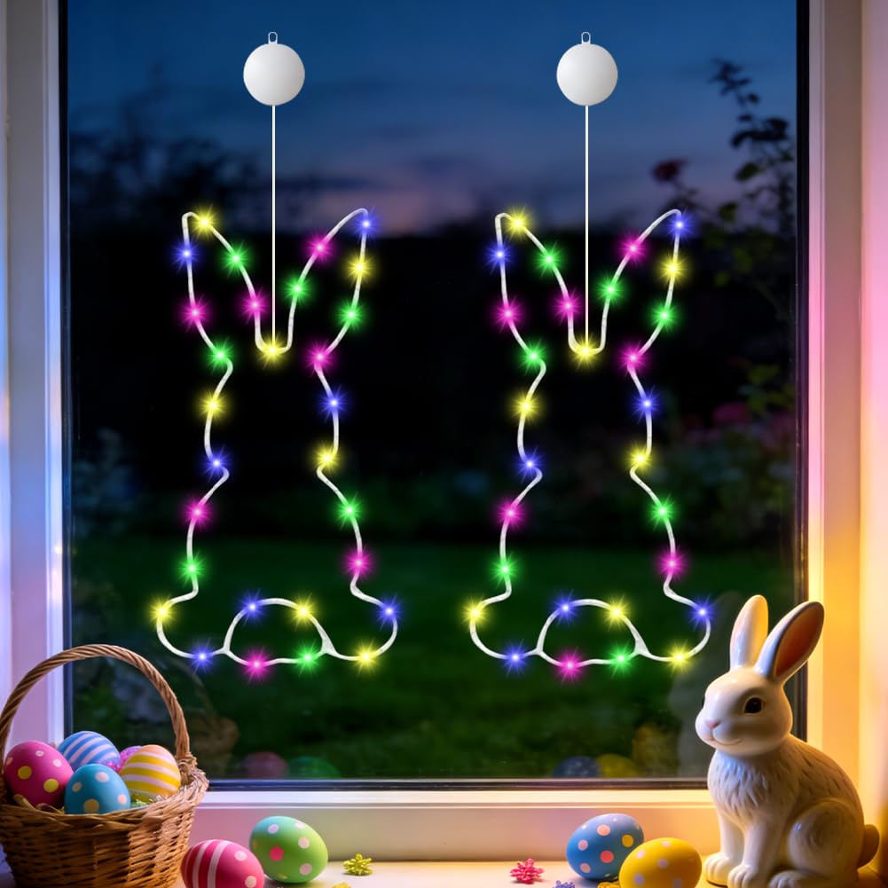 Osterdeko Led Fenster Licht, 2 Stück Osterhase Lichterkette Ostern Deko mit Saugnapf und Timer Batteriebetrie, LED Osterbeleuchtung Osterdeko zum Aufhängen, Osterdeko Innen Draußen für Fenster