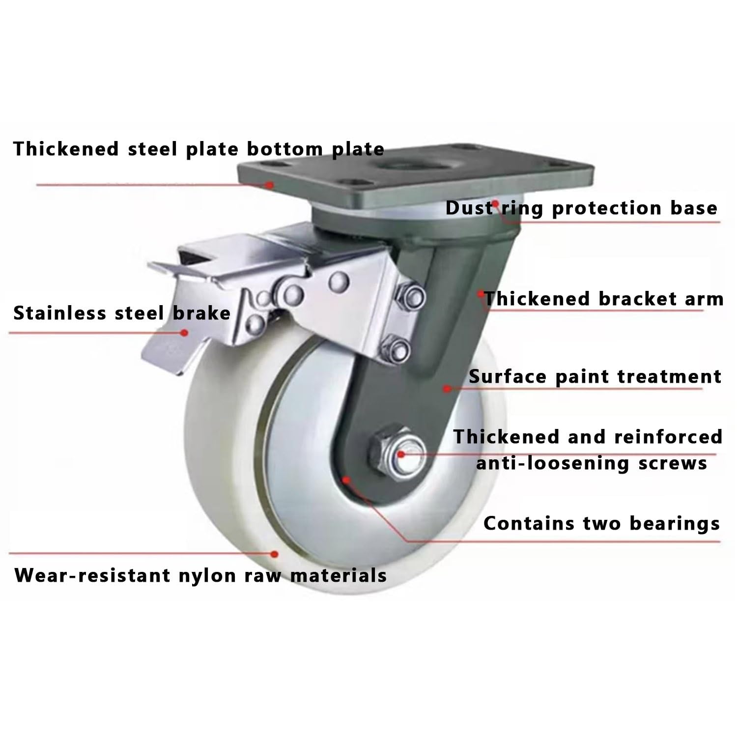 roulettes Industrielle 150/200mm, Lot de 4 roulettes Charge Jusqu'à 3600kg, roulettes Pivotantes avec Frein, pour Workbench/Chariot(2*Swivel+2*Brake,8in(200mm))