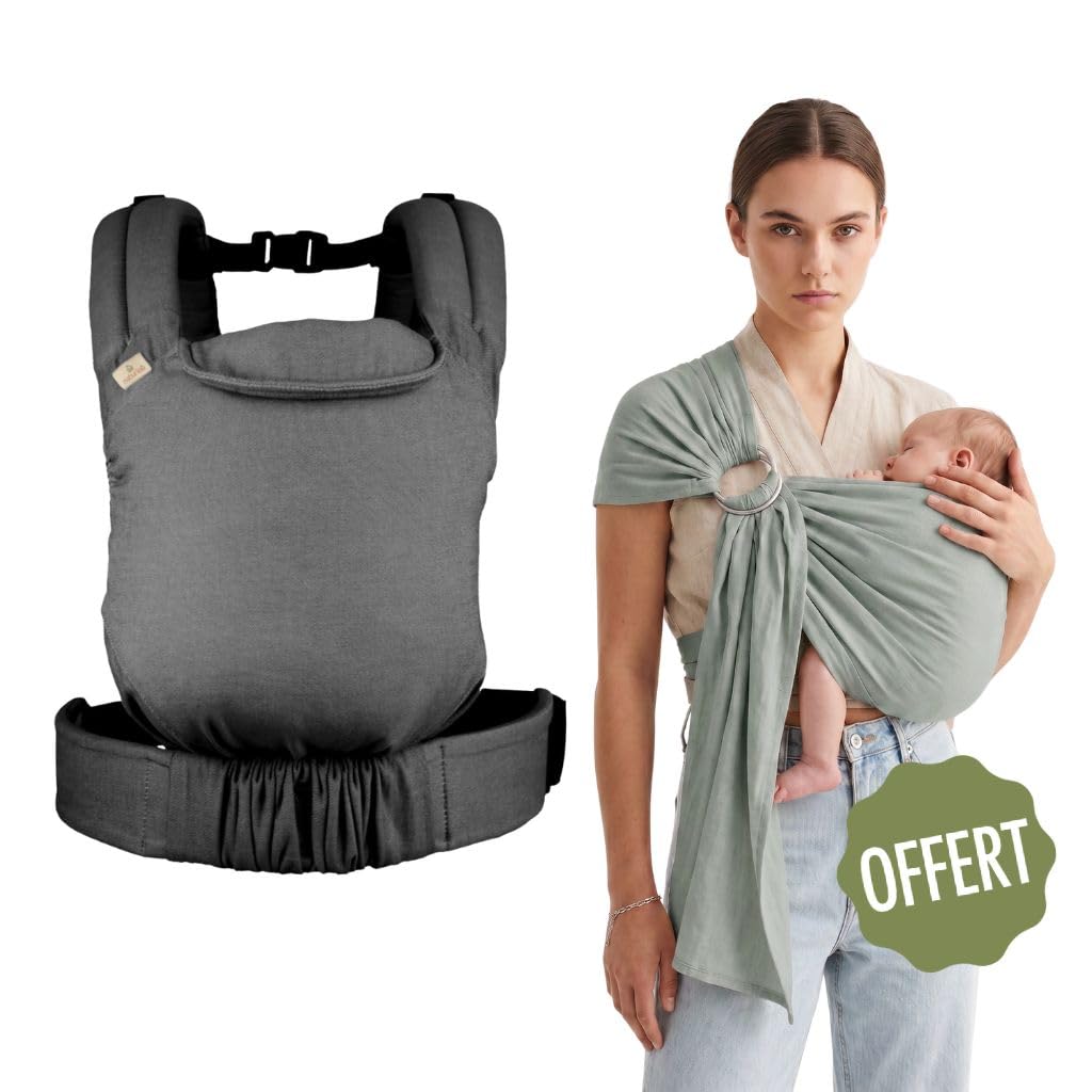 Pack Portage Évolutif : Porte-Bébé Guizy Gris Marin avec Ceinture Tékizy & Écharpe Simply Sling Vert Amande - Kit Nomade Complet en Coton