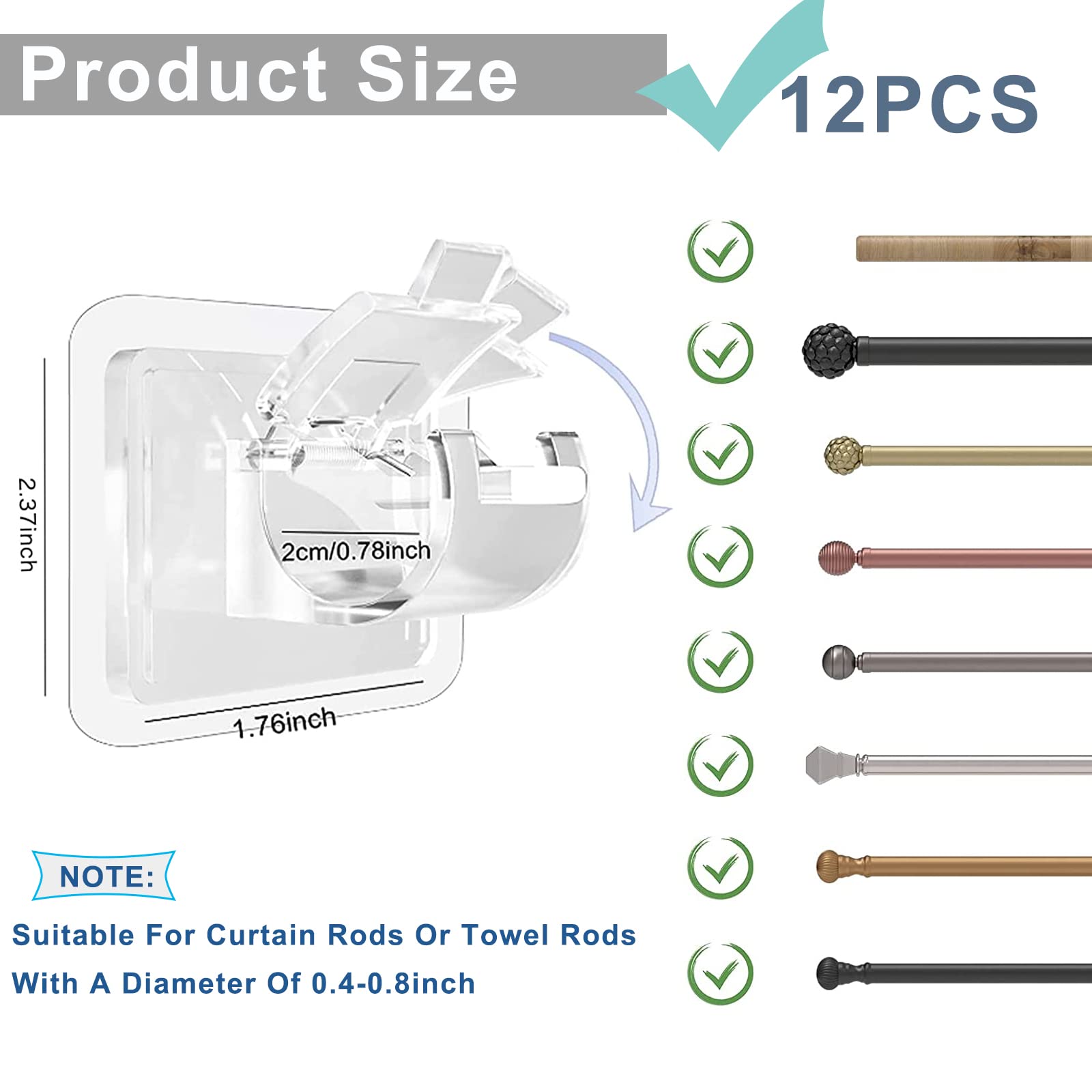 12PCS No Drilling Curtain Rod Brackets, Universal Self-Adhesive Wall-Mounted Curtain Rod Holder, Nail Free Adjustable Hardware Rod Holders for Home Bathroom and Hotel Use (Transparent)