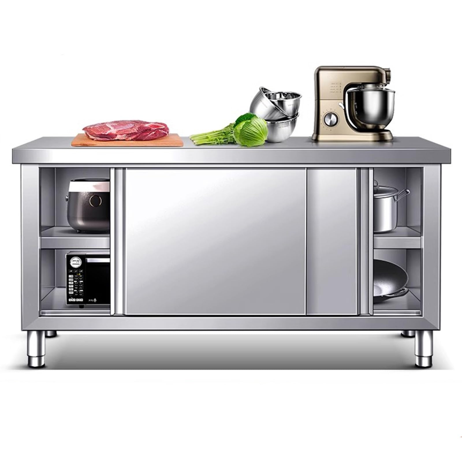 Îlot de cuisine professionnel en acier inoxydable avec grand meuble de rangement pour maison