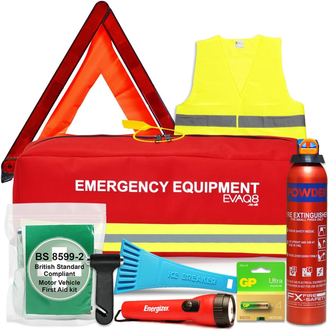 EVAQ8 Advanced Car Safety Kit with BSI First Aid Kit and Extinguisher