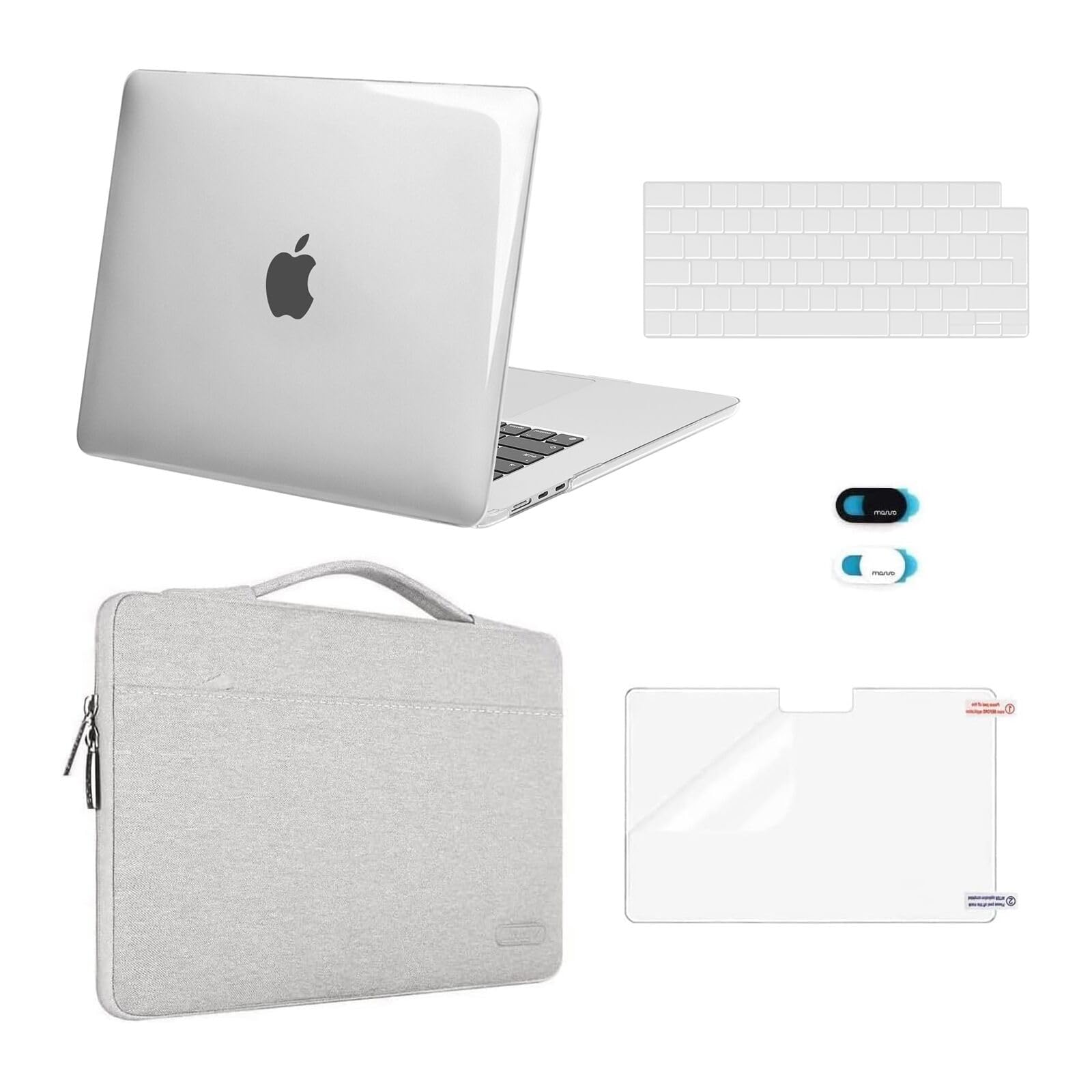 MOSISO Compatible with MacBook Air 15 inch Case M4 M3 M2 2025 2024 2023 A3241 A3114 A2941 Chip with Touch ID, Plastic Hard Shell&Sleeve Bag&Keyboard Skin&Screen Protector&Webcam Cover, Clear