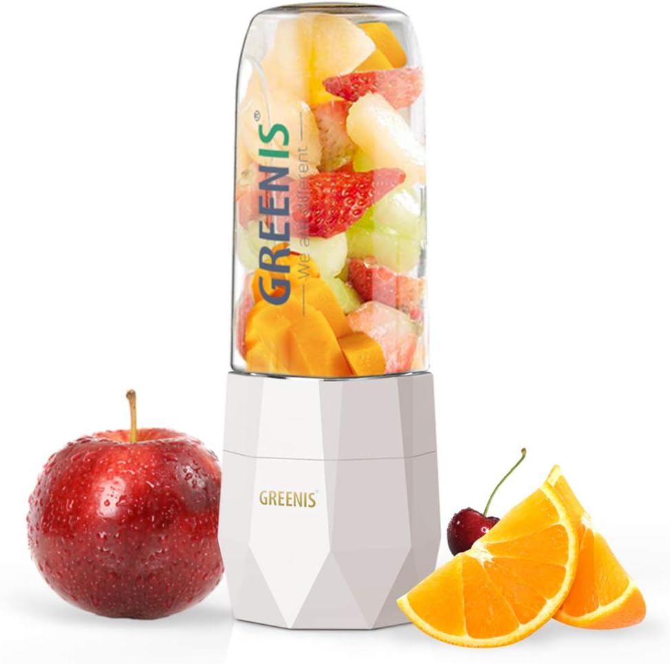 GREENIS Portable Blender, Smoothie and Shake Mixer, Personal USB Rechargeable Juicer, Portable Travel Bottle White