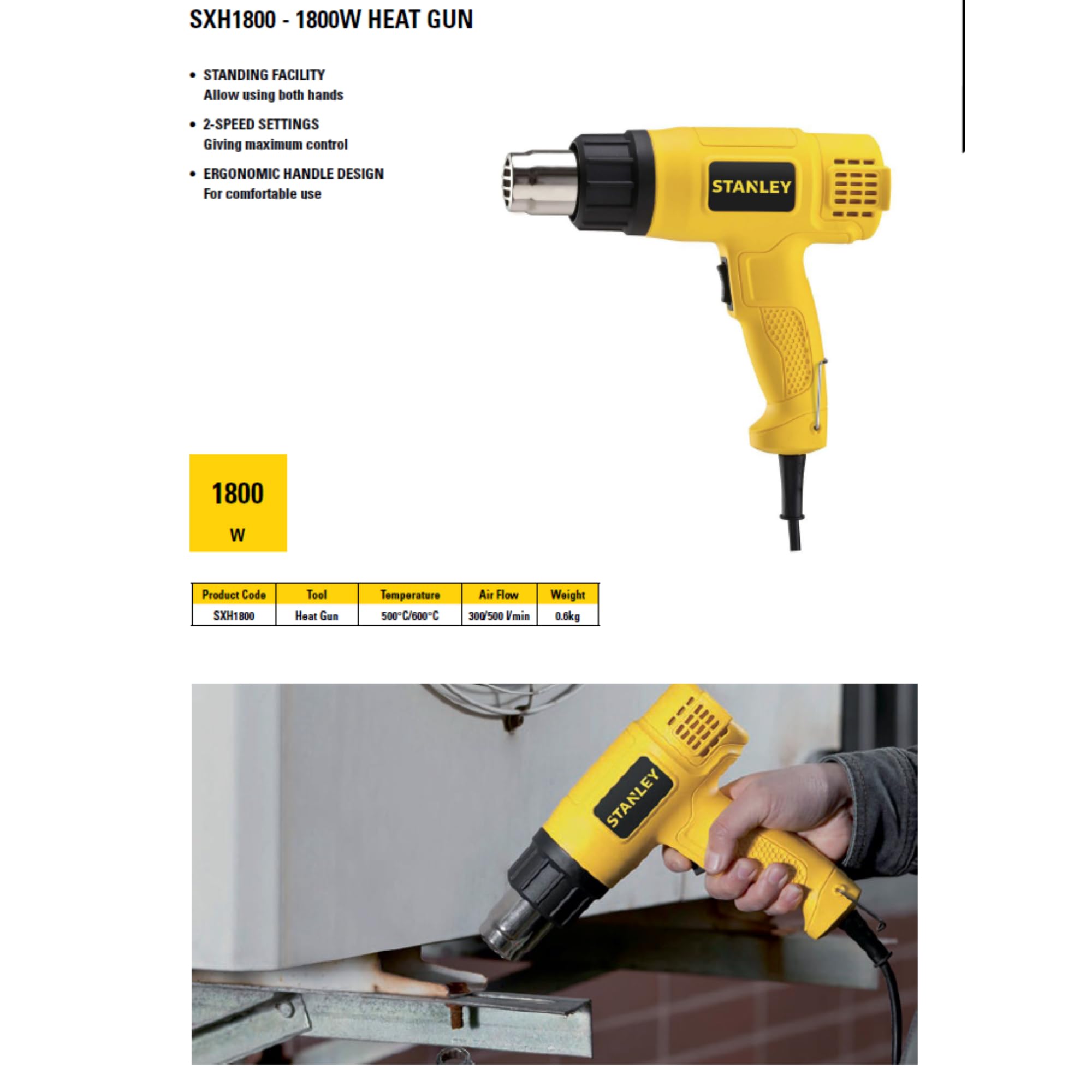 STANLEY SXH1800-IN 1800W 2-Speed Corded Heat Gun with Dual Adjustable Temperature Modes, Ergonomic Handle, 300/500 I/min Airflow, Standing Facility Allows Using Both Hands, Weight 0.6kg 1