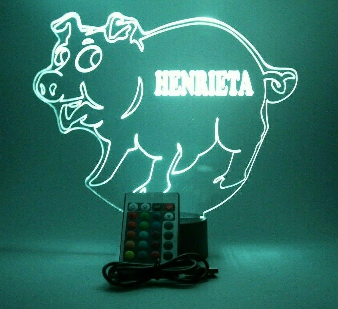 MIRROR MANIA Pig Swine Hog Piggy Night Light Up Lamp LED Free Engraved Custom Name Personalized Table Desk Lamp, with Remote, 16 Different Color Options, Dimmer, It's Wow, Great Gift