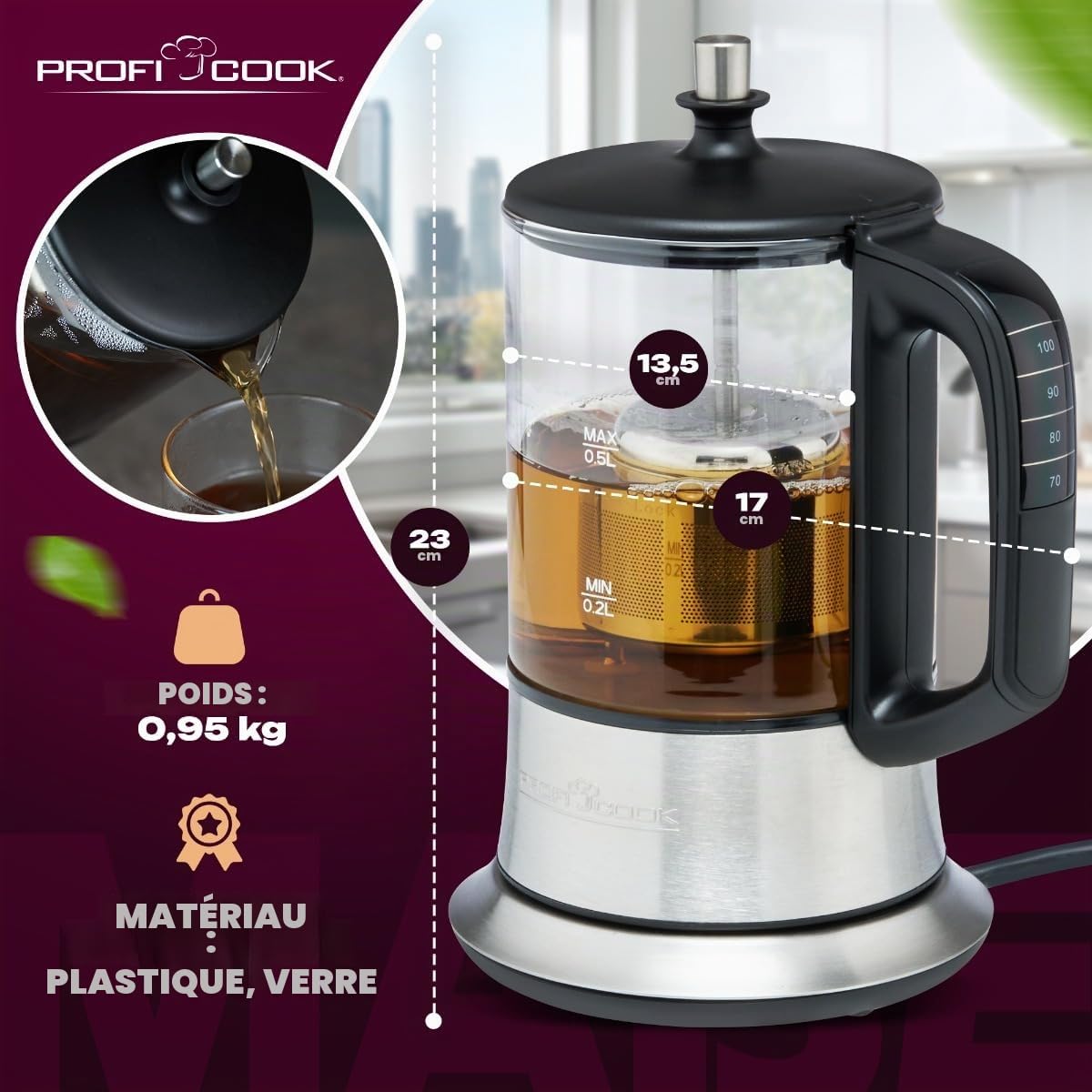 PROFI COOK PC-TK 1165 - Bouilloire 2 en 1 - à thé et à l'eau - Commandes Tactiles - 1100 Watts - Capacité de 0,5 Litres - Couleur Argent