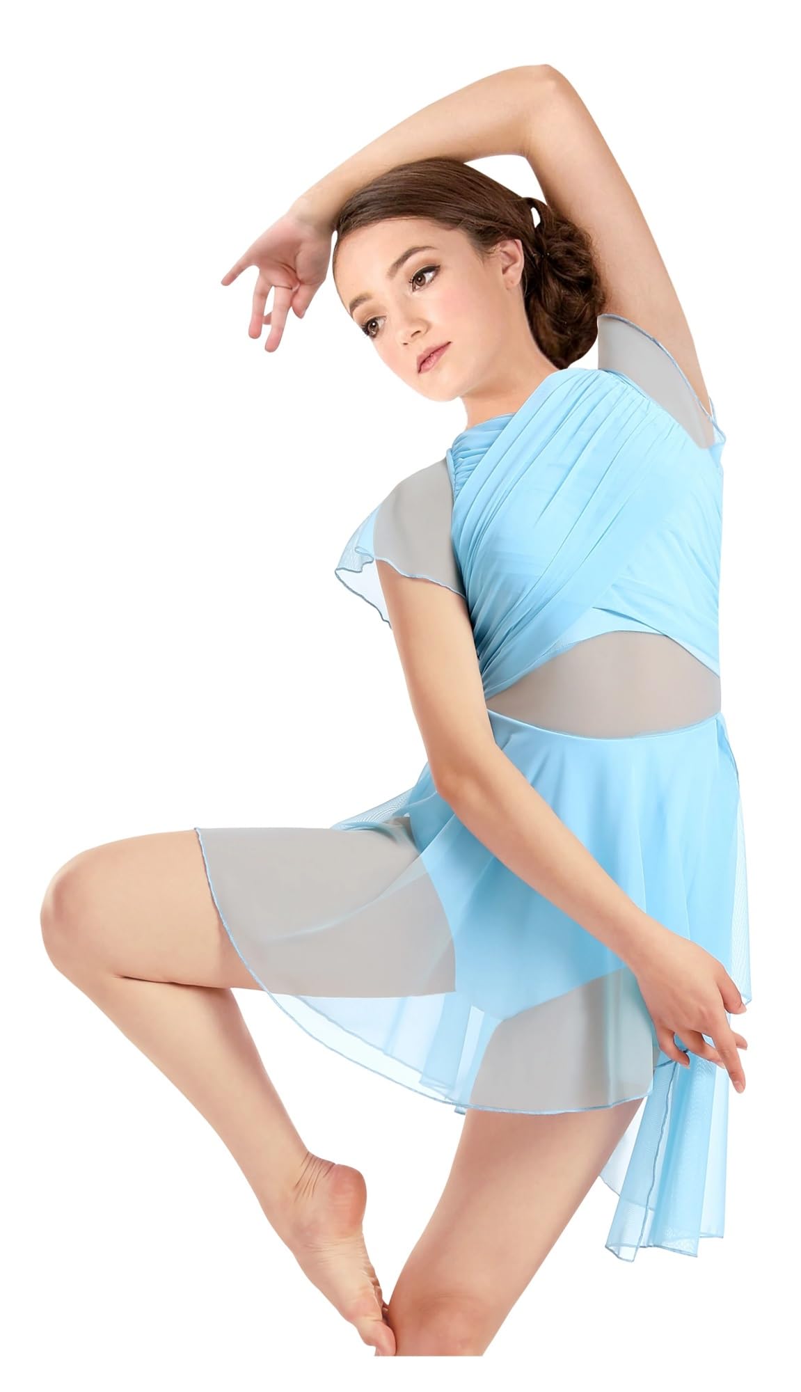 Vestido de Patinaje Artístico Vestido de baile for mujer, malla con mangas onduladas y falda, traje lírico, espalda hueca con efecto gota de agua