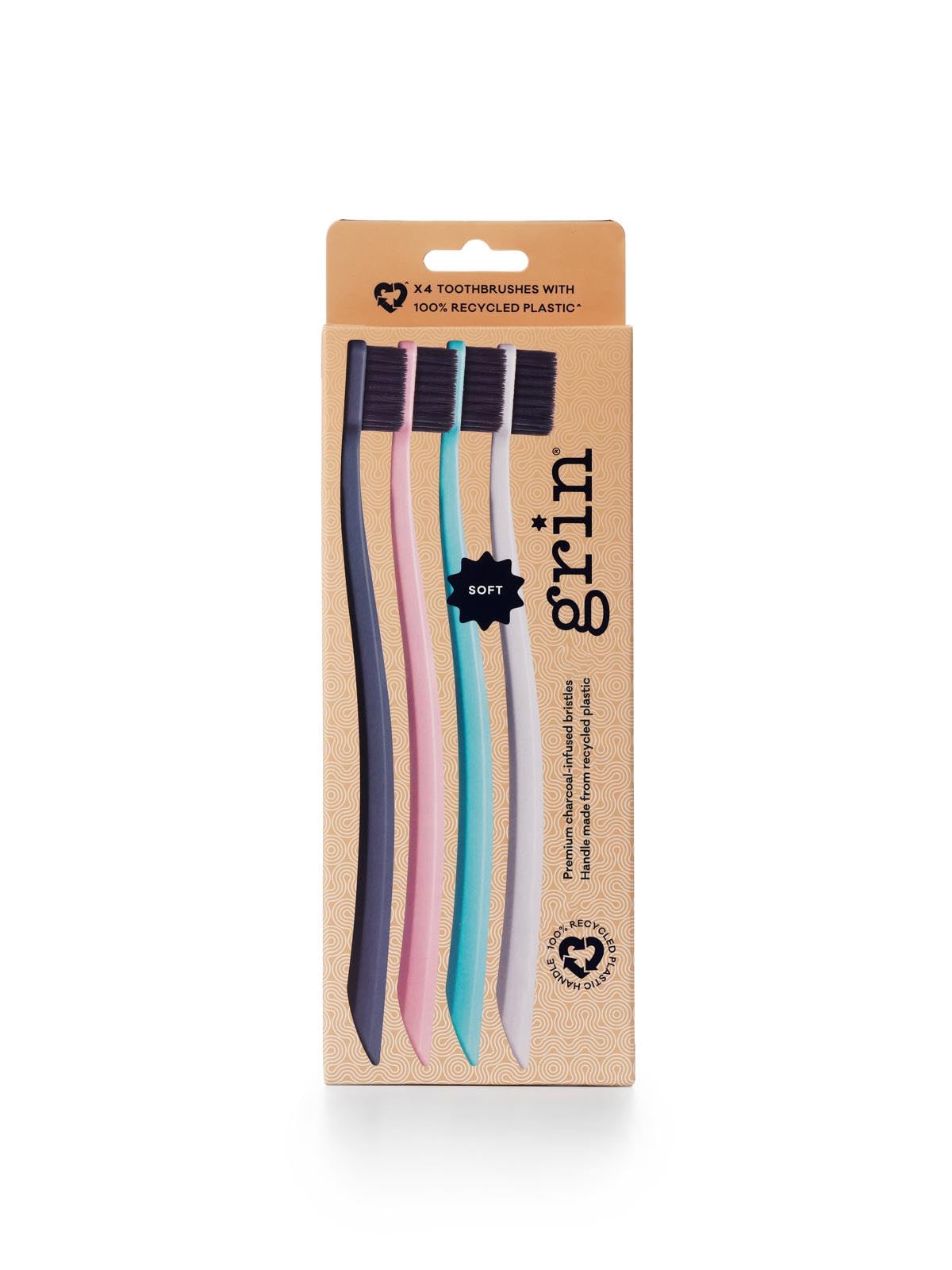 GrinGentle Charcoal Infused Toothbrush | Ultra Soft Natural Bristle Toothbrush | Best for Sensitive Gums | Extra Soft Bristle for Adults and Kids Teeths | Made from Recycled Material, (Pack of 4)