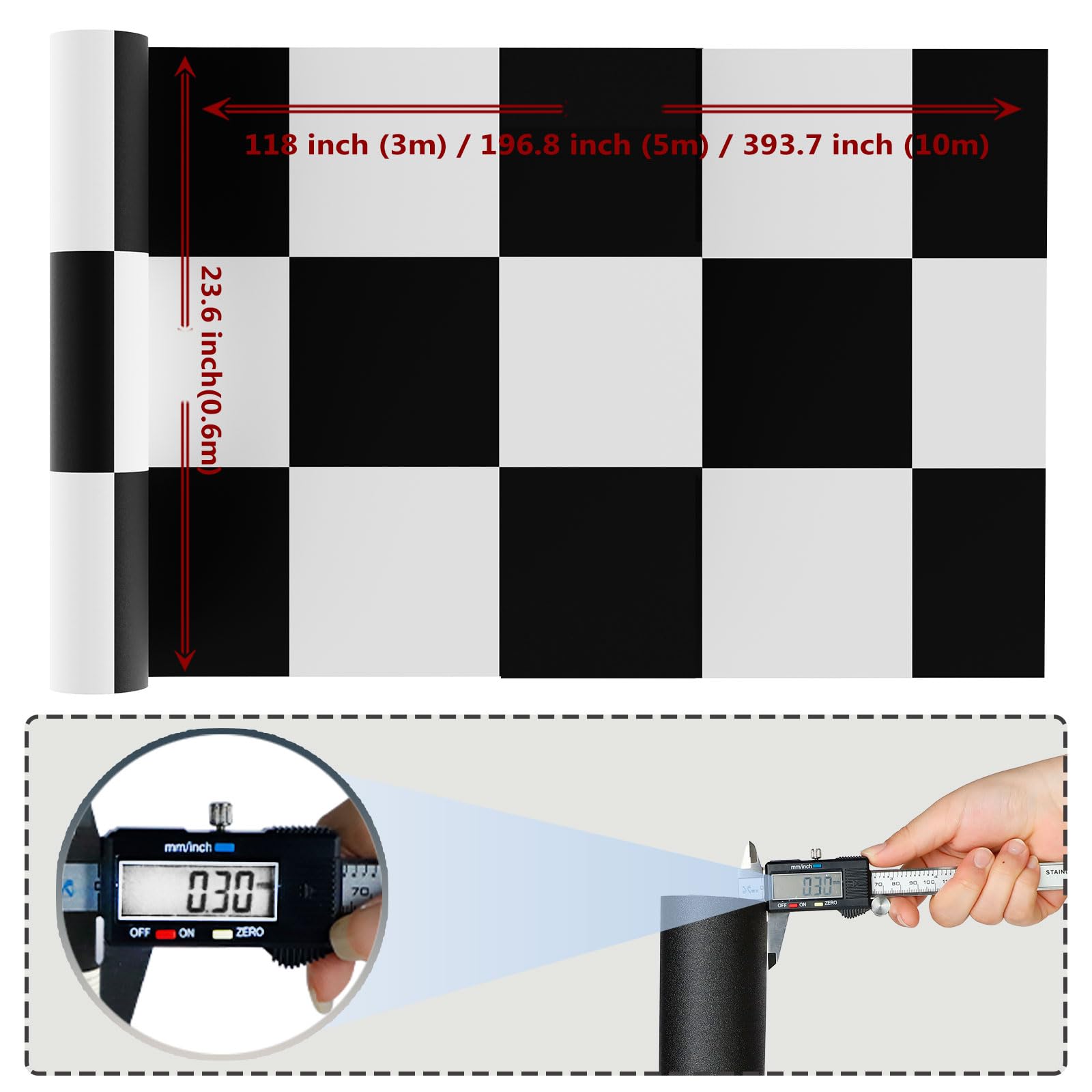 WIFEA Self-Adhesive Vinyl Flooring Roll 23.6" X 393" (64 Sq.Ft) - Peel & Stick Waterproof Plank For Bedroom, Living Room, Office, Balcony - Black White Patchwork