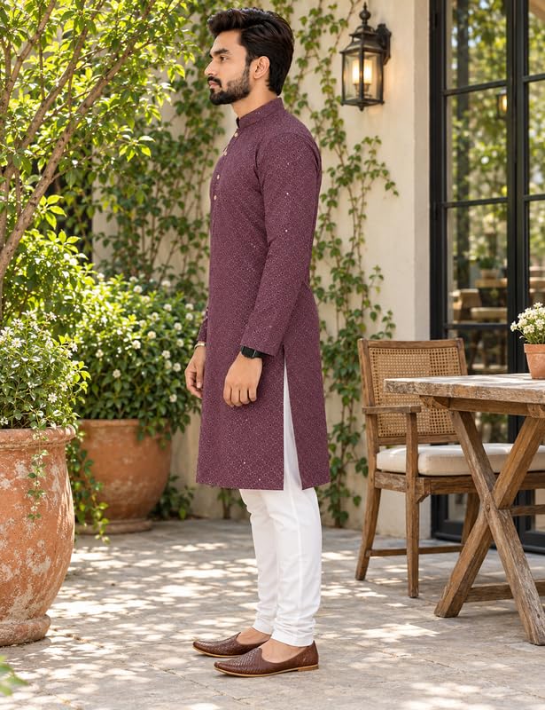 Image of Men's Lakhnawi Chikankari Kurta Set Cotton Ethnic Kurta Pajama for Men Wedding Festive Designer Indian Outfit Stylish Embroidered Kurta Set