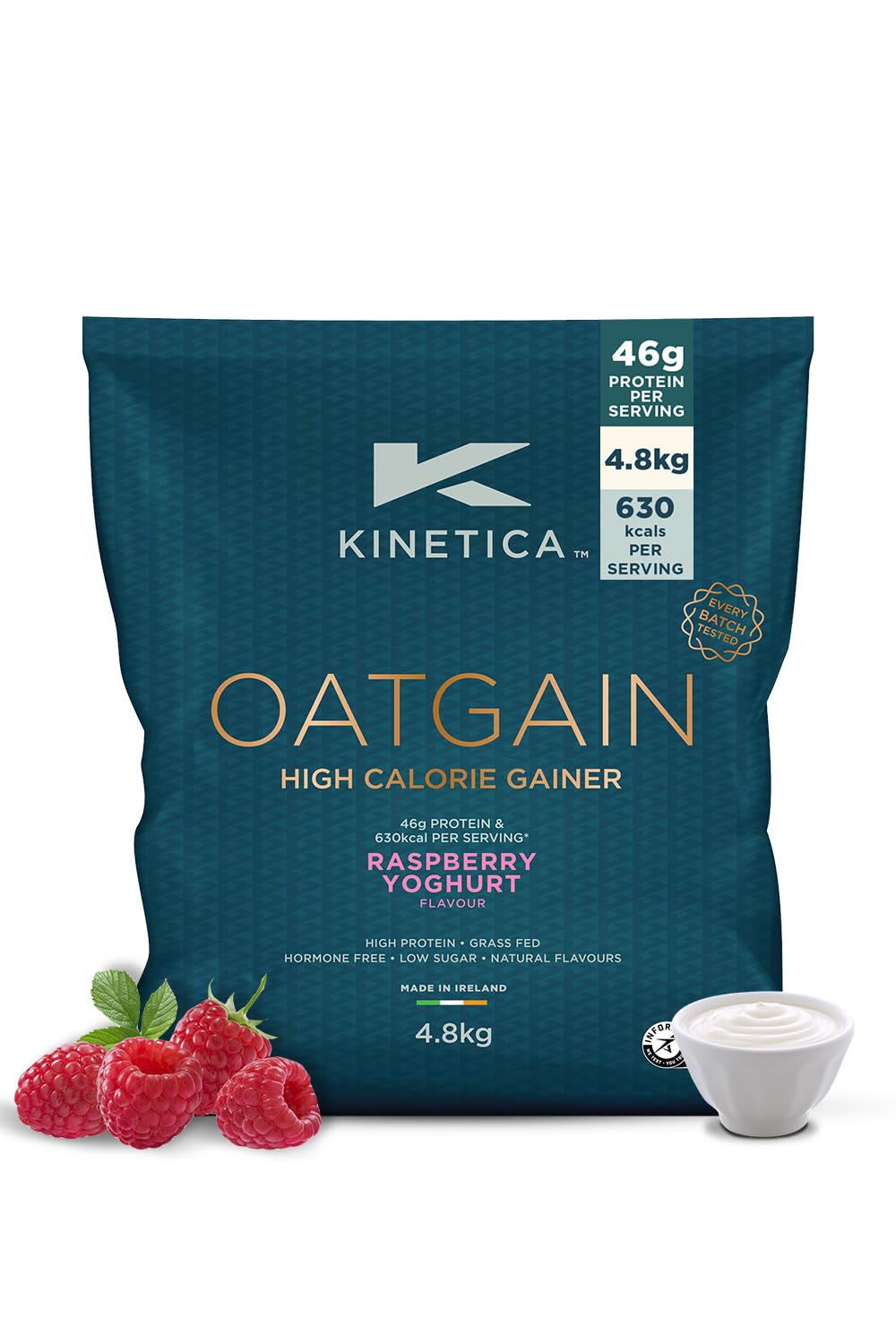 Kinetica Sports OatGain Mass Gainer–Raspberry Yoghurt, 4.8Kg, 30 Servings | 46g Protein, 78g Carbs & 620 Kcal/Serve |Optimum Bulk Weight Gain Whey Protein Supplement | WADA & Informed Sport Approved
