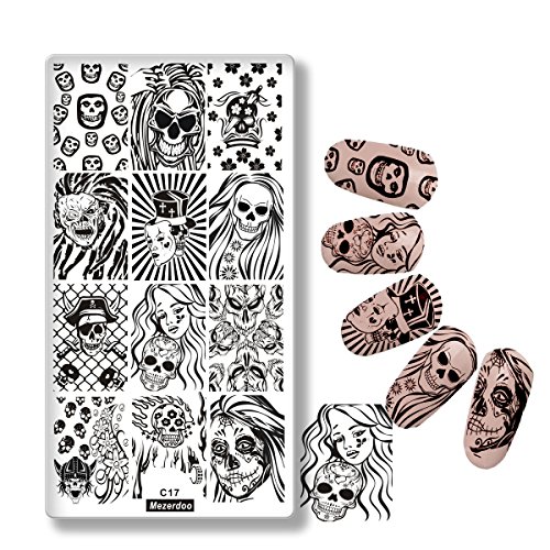 Mezerdoo Halloween Rectangle Nail Stamping Template DIY Cross Bloody Skull Design Nail Art Image Plate Tools