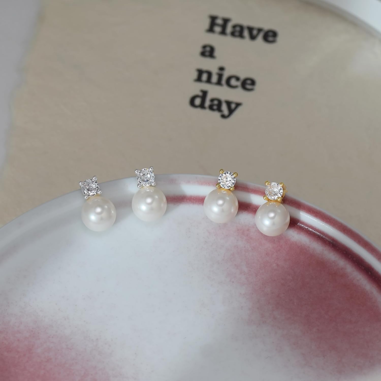 925 Sterling Silver Post Simulated Pearl Earrings Imitation CZ Diamond Pearl Stud Earrings Bridesmaid Wedding Earrings Women Jewelry Gifts 6mm/8mm/10mm - Image 5