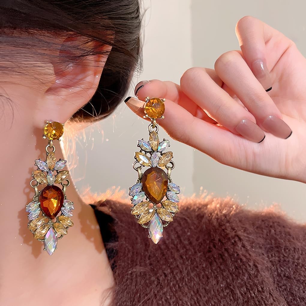 Sparkly Brown Rhinestone Chandelier Earrings for Women,Exaggerated Large Crystal Statement Drop Dangle Earrings Aesthetic Formal Prom Jewelry Gifts - Image 3