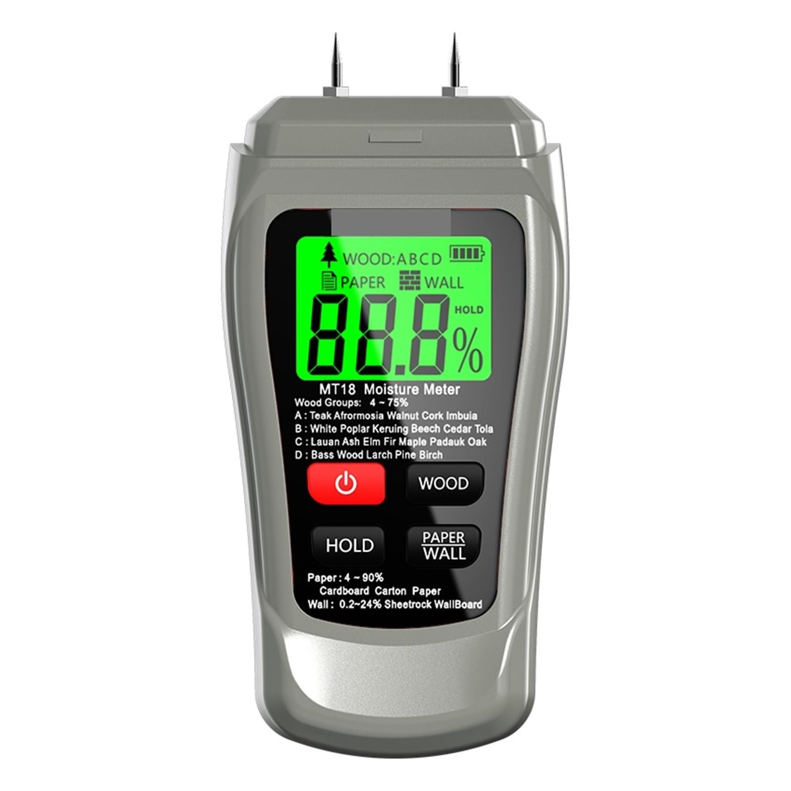 Medidor de humedad, MT-18 Grey 0-99.9% Medidor de humedad madera digital dos pines Probador papel Higrómetro pared Detector(Orange with battery)