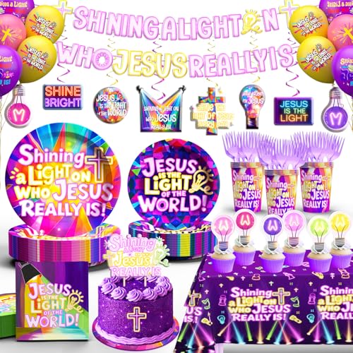 VBS 2026 Decorations Set 131Pcs Illumination Themed Party Supplies Include Banner Plates Napkins Cups Forks Tablecloth Balloons Hanging Swirls Cupcake Toppers and Cake Topper