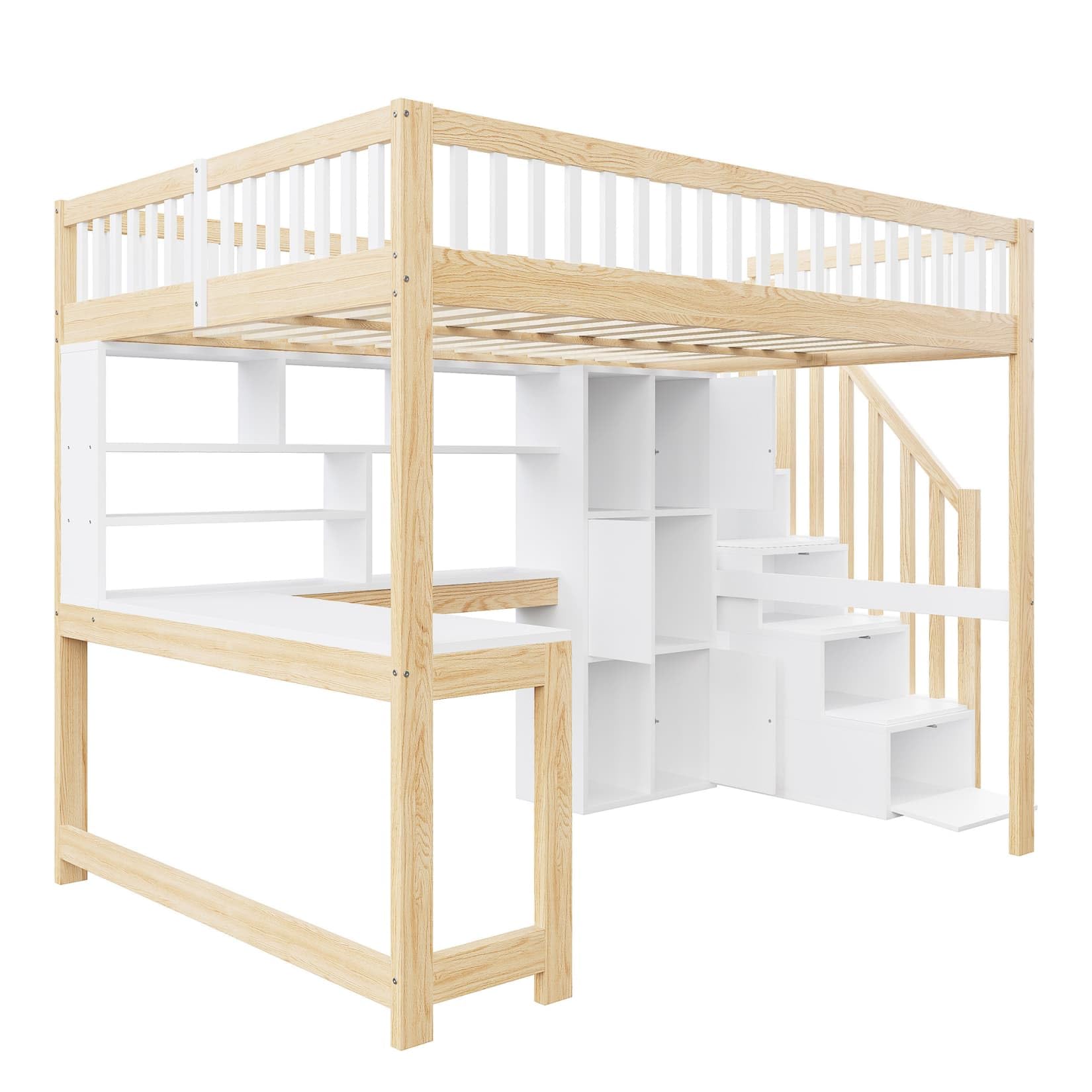 Lit Mezzanine 2 Places 140x200cm,Cadre de Lit 2 Personnes avec Éclairage LED Réglable,Bureau,Étagères,Échelle de Rangement,pour Garçons Filles(Naturel, 140x200)