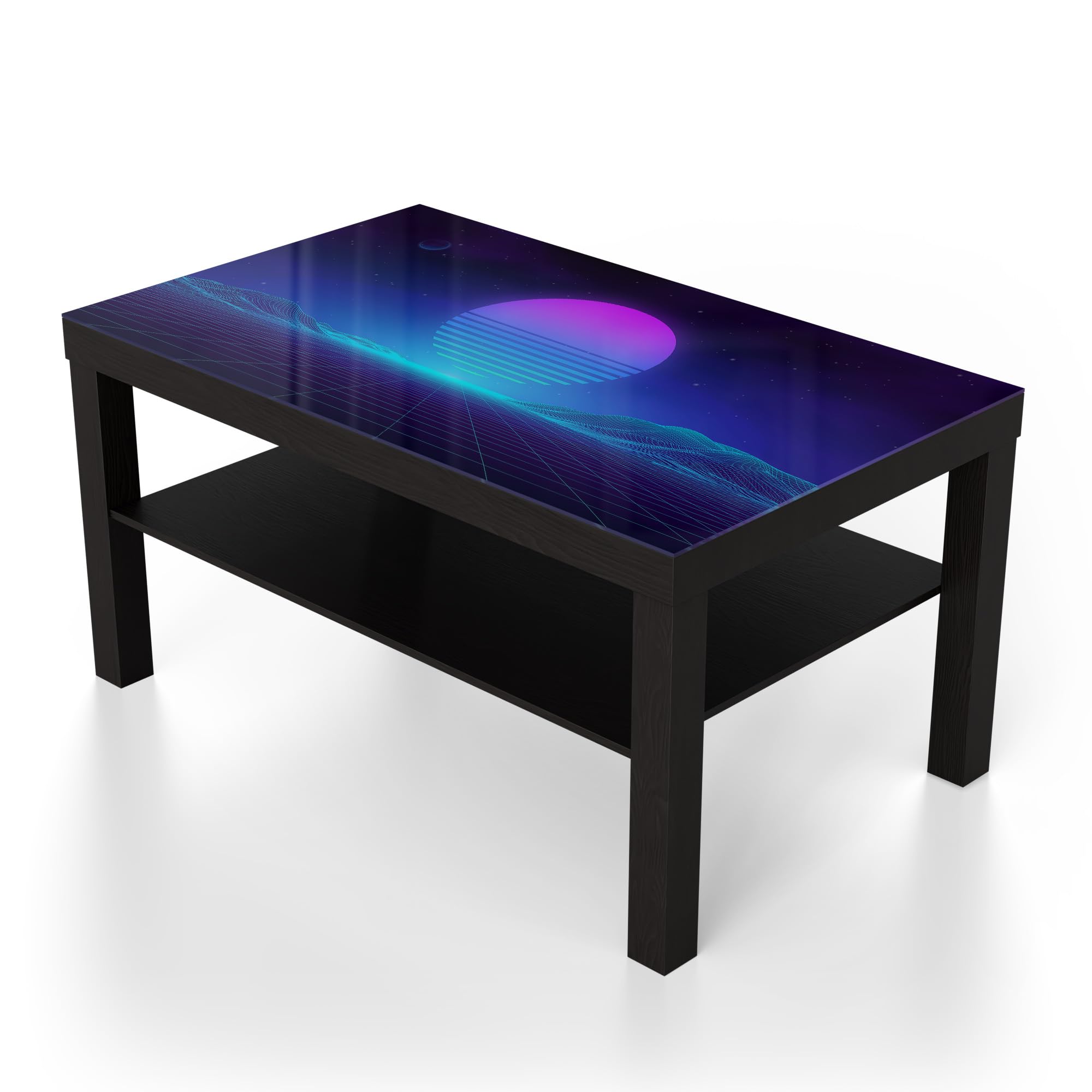 DEQORI Szklany stół, czarny, duży, 90 x 50 cm, motyw neonowego szumu słońca, niezwykły stolik pomocniczy ze szkła, wysoki połysk, stolik kawowy do salonu, nowoczesny stolik kawowy z designerskim