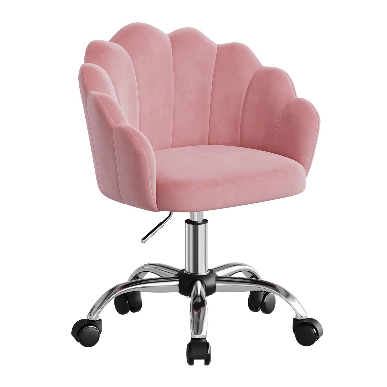WOLTU Silla de Tocador Terciopelo con Respaldo de Petalos, Silla Giratoria con Ruedas, Ergonómica para Maquillaje, Patas de Metal, Rosa
