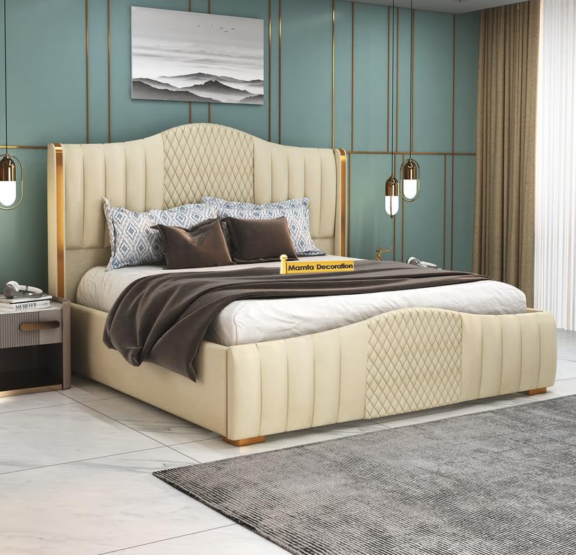 Image of MAMTA DECORATION Sheesham Wood Queen Size Platfrom Bed with Box Storage and Upholstered Headboard | Stylish Wooden Double Bed Cot Palang Furniture for Bedroom, Hotels, Living Room, and Home (Beige)