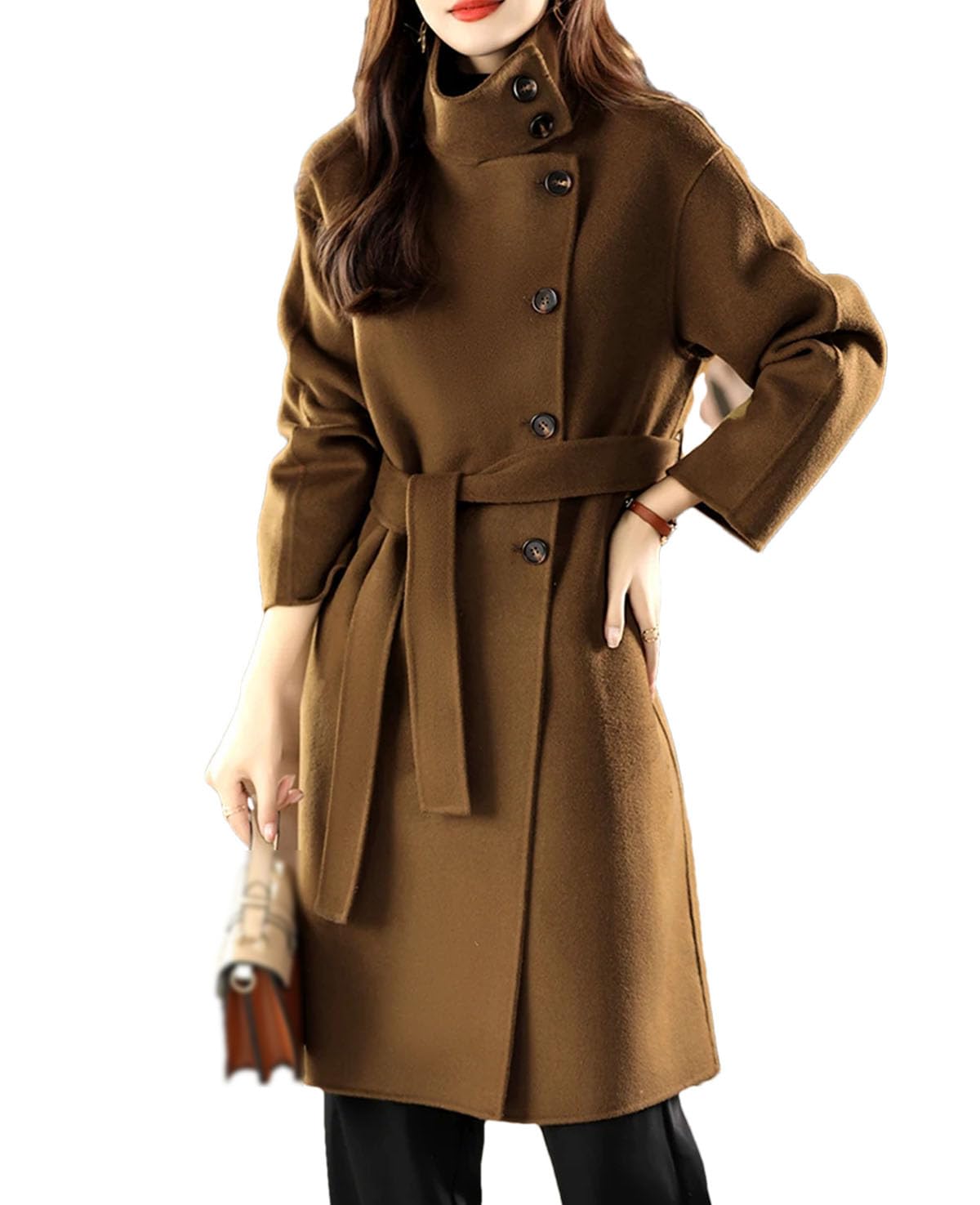 Womens Long Double-Faced 100 Wool Trench Coat Winter Single Breasted Stand Collar Thick Warm Windbreaker