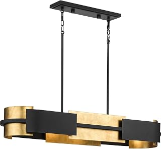 Progress Lighting Lowery Collection Four-Light Textured Black Industrial Luxe Linear Chandelier with Distressed Gold Leaf Accent (P400352-031)
