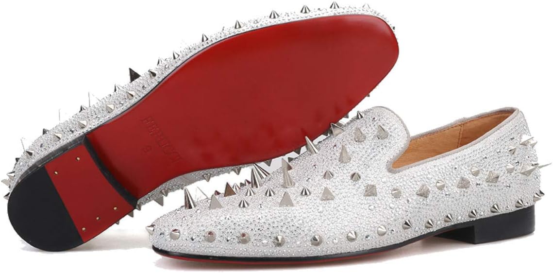 Men Silver Spikes Slippers Loafers Flat with Crystal GZ Rhinestone