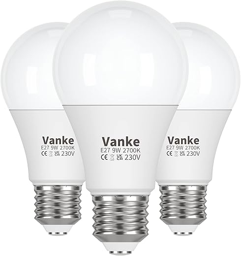 Vanke E27 Screw LED Bulb, Warm White 2700K Yellow Light, 60 Watts Equivalent, 9W ES Bulbs, Screw in Light Bulb, 806 Lumen, Non-Dimmable, Pack of 3