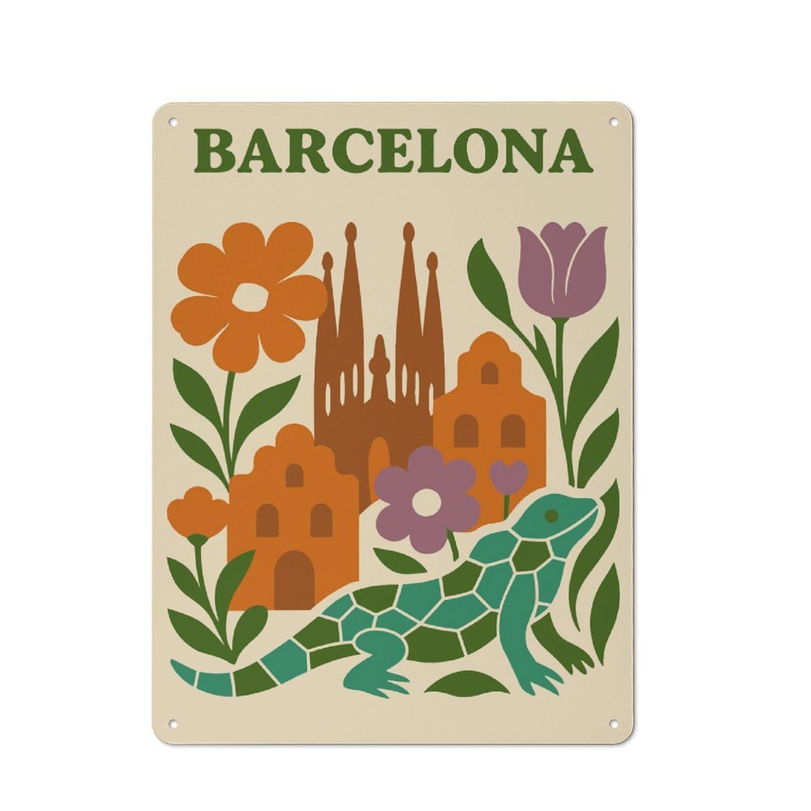 Junmoney Style-9 Vintage Metal Plaque 40X30cm Featuring Barcelona Cityscape With Lizard And Flowers, Diner Style Decor For Restaurant, Kitchen, Counter Or Breakfast Nook