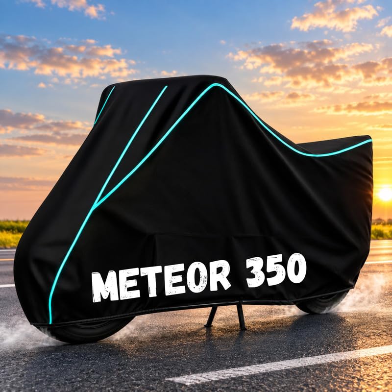 Image of Bike Body Cover for Meteor 350 - Heavy Duty Waterproof, Dustproof & Scratch Resistant Motorcycle Cover, Full Body Outdoor Cover with UV & Rain Protection, Black Aqua Piping