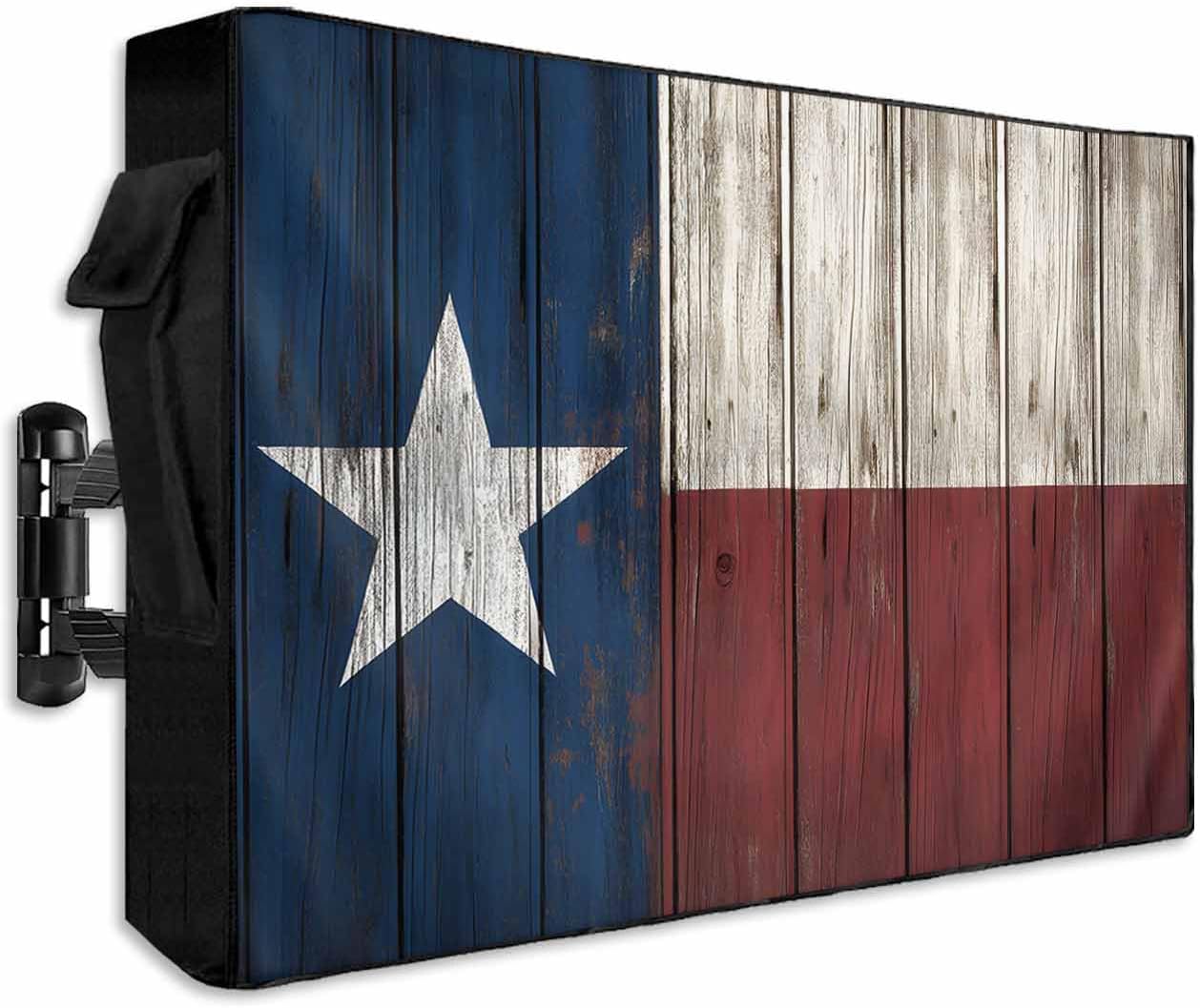 American Flag Outdoor TV Cover - 60-65 Inch, Weatherproof, Vintage Wood Enclosure with Zipper & Roll Up Front Flap, Red Striped Blue Star Waterproof Cover for Flat Screen TVs