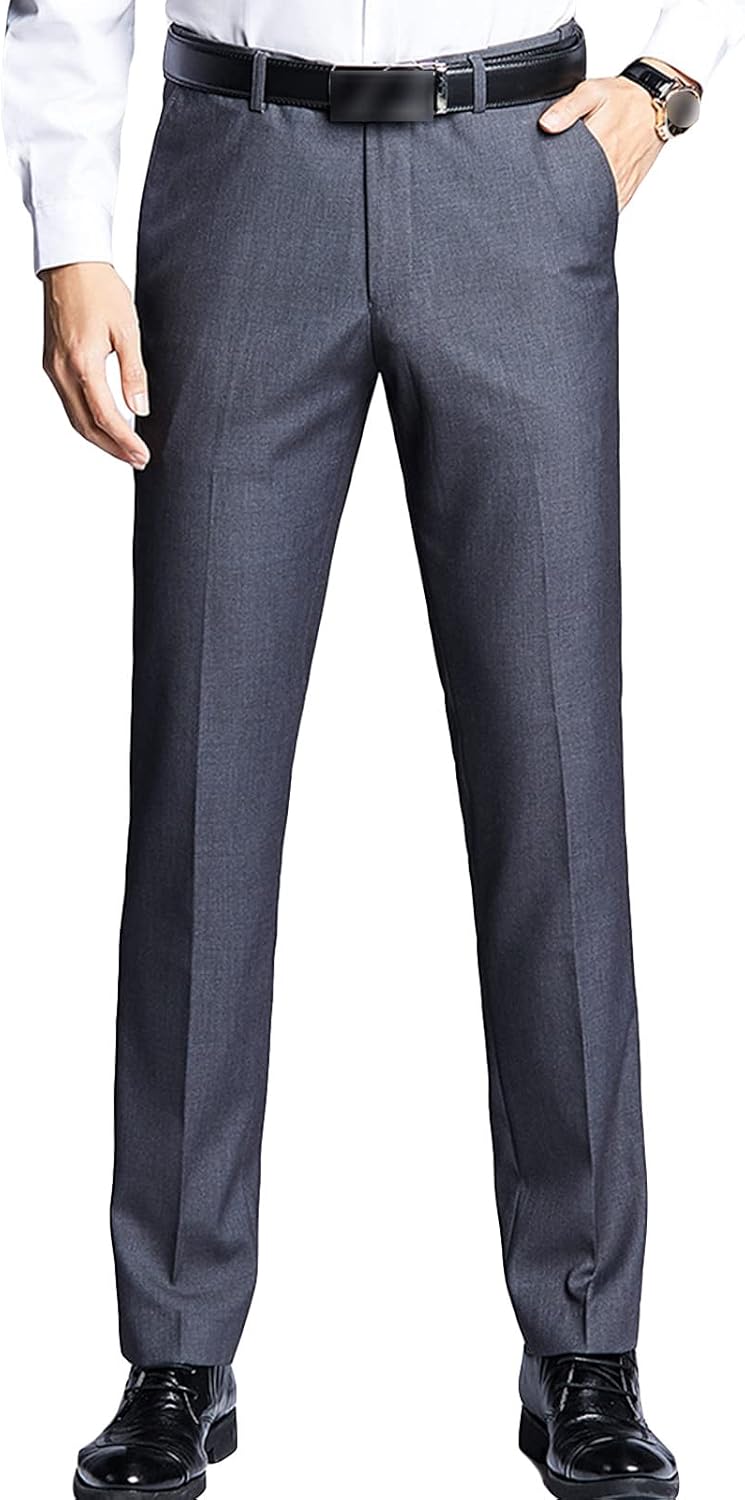 DGHM-JLMY Men's Slim Business Straight Suit Pants Comfort Straight Fit Flat Front Dress Pant Flex Flat Front Pant