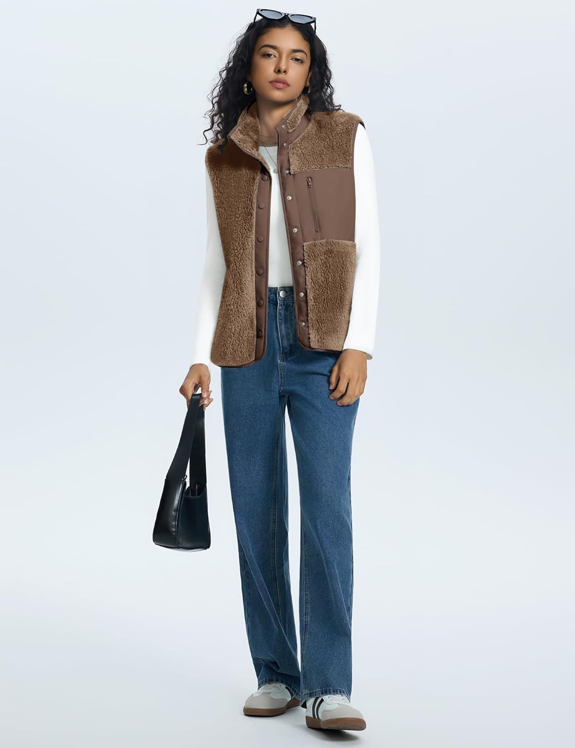 Rapbin Vests for Women Lightweight Stand Collar Sherpa Fuzzy Fleece Vest Buttoned Sleeveless Jackets with 3 Pockets - Image 7