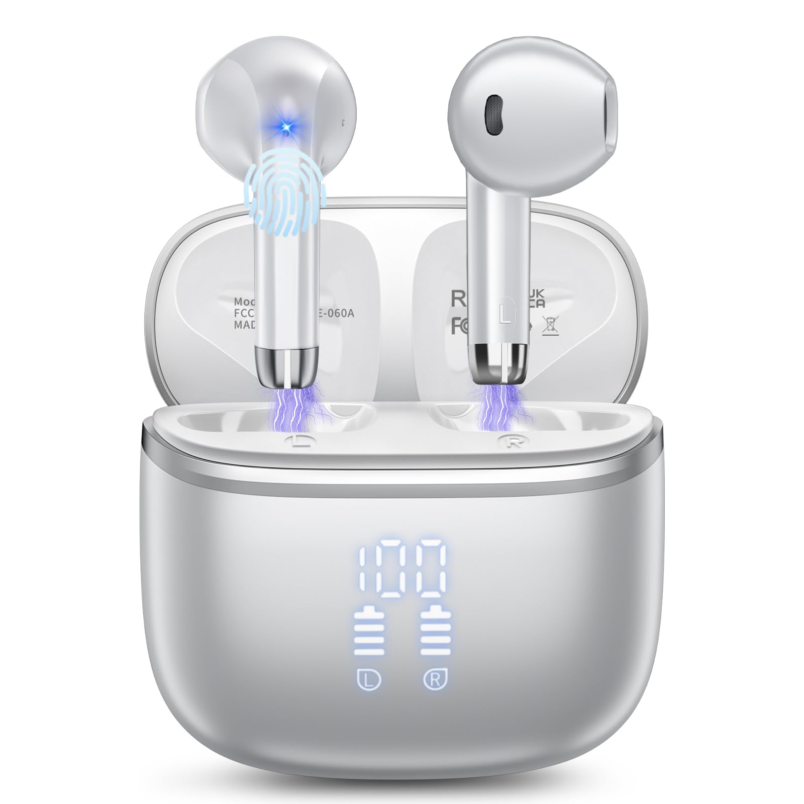 Cuffie Bluetooth, Auricolari Bluetooth 5.4 Cuffie Wireless In Ear con microfono stereo ENC HD, cuffie wireless bluetooth 50H, Cuffiette Wireless IP7 Impermeabile con Display LED, Argento