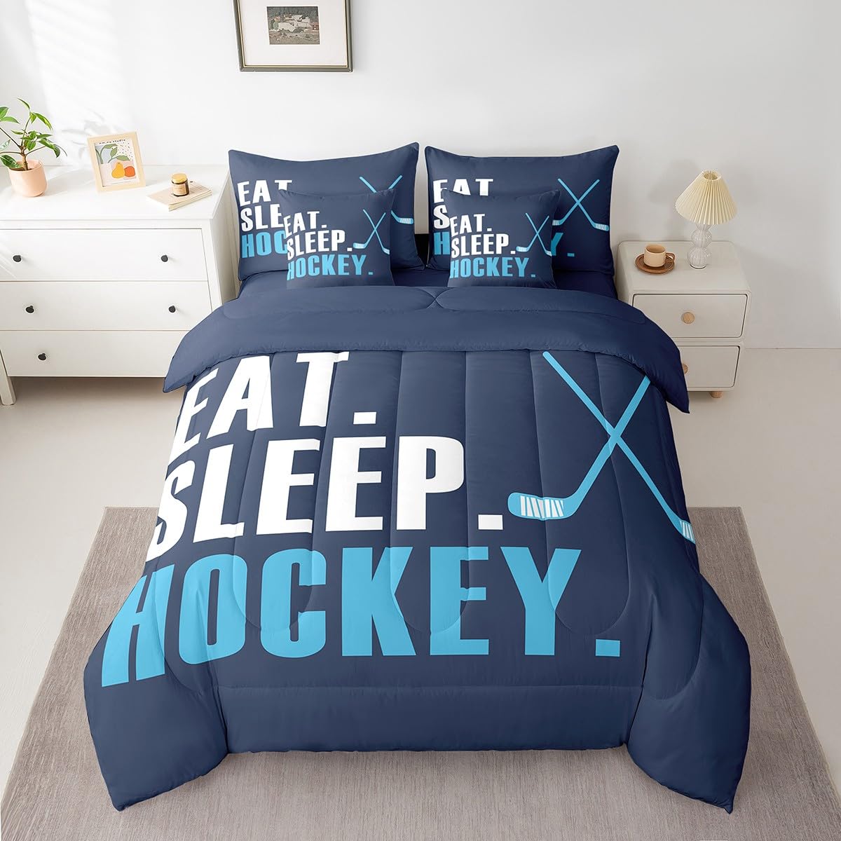 Feelyou Ice Hockey Comforter Set 7 Piece Twin Size Kids Hockey Sports Game Boys Bed in A Bag Girls Ice Hockey Lover Bedding Set Hockey Decor Bed in a Bag with Sheets, Pillowcases, Pillow Covers