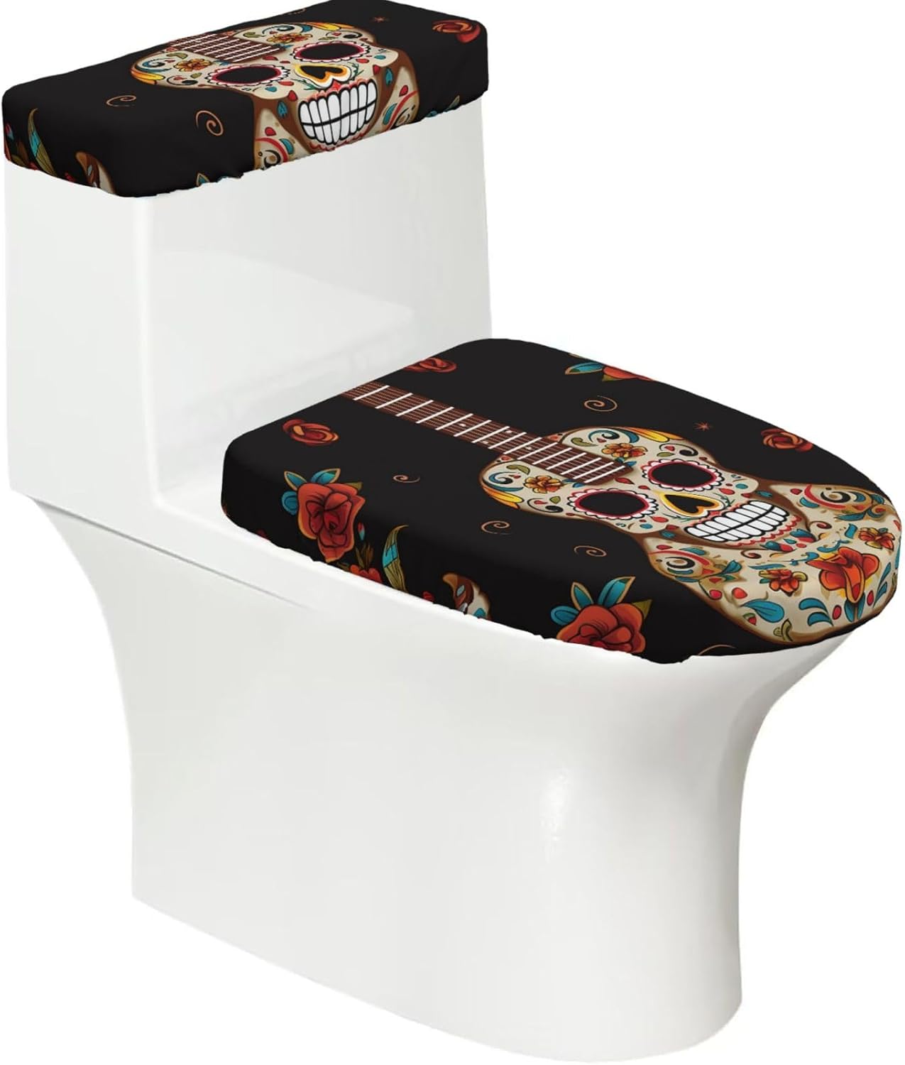 Guitar Pepper Sugar Skull Toilet Tank Cover And Toilet Lid Cover Set Stretch Bathroom Toilet Lid Seat Cover