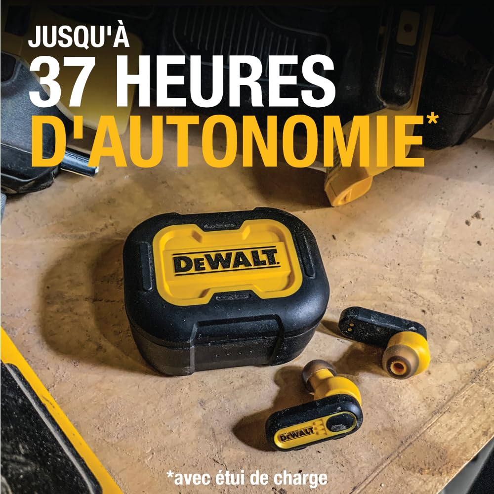 DEWALT Écouteurs sans Fil Robustes Casque Bluetooth avec étui de Chargement de Type C Inclus, Plus de 37 Heures d'autonomie, Installation Facile pour iPhone, Parfait pour Le Chantier, Jaune