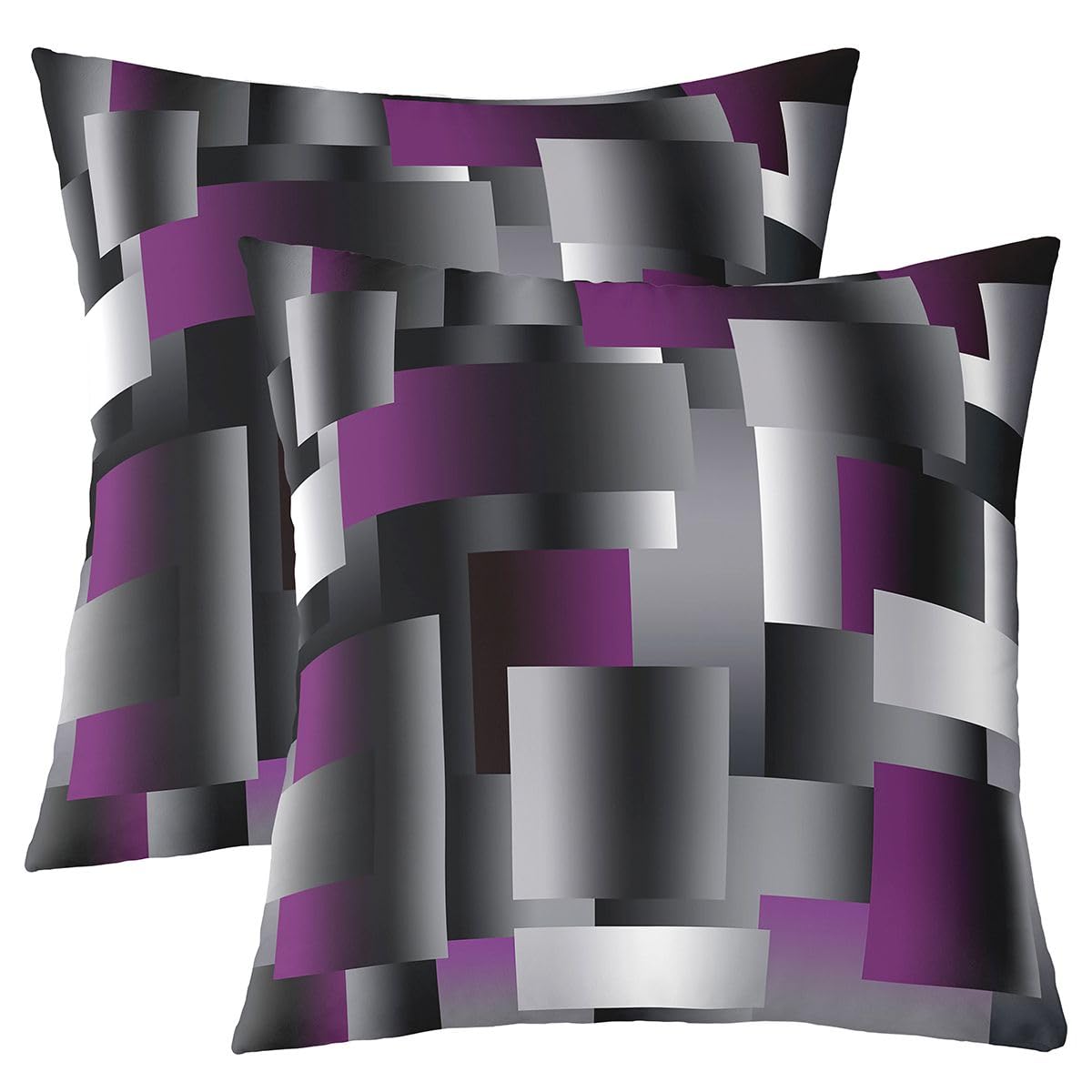 Feelyou Set of 2 Geometric Throw Pillow Covers, Geometric Purple Grey Black Cushion Case for Home Living Room Decor, Reversible Stripe Line Plaid