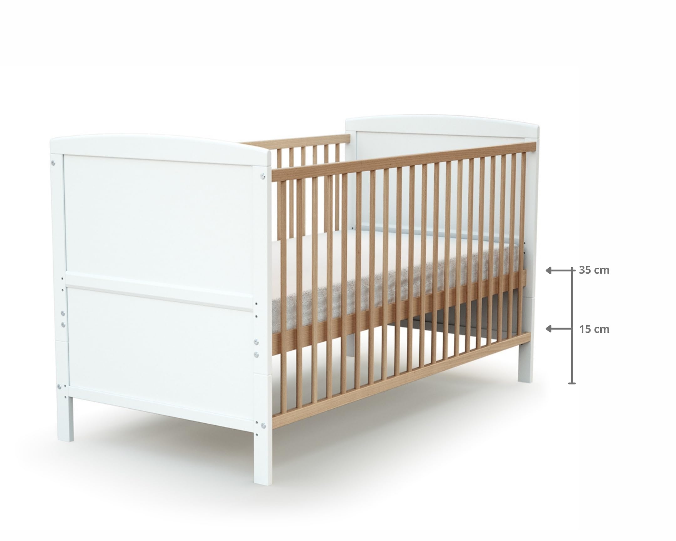 AT4 - Lit bébé évolutif en Bois 70 x 140 Essentiel Blanc et Hêtre Verni| 144 x 74 x 86,5 cm | Sommier à Lattes réglable 3 hauteurs | Transformable en lit Junior