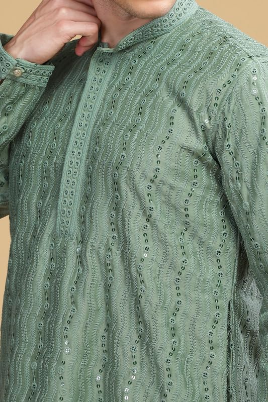 Be Active Men's Traditional Embroidered Lucknowi Design Full Sleeves Kurta || Cotton Kurta For Men || Men Kurta For Wedding || Kurta For Men (Sk0800 1 L) Green