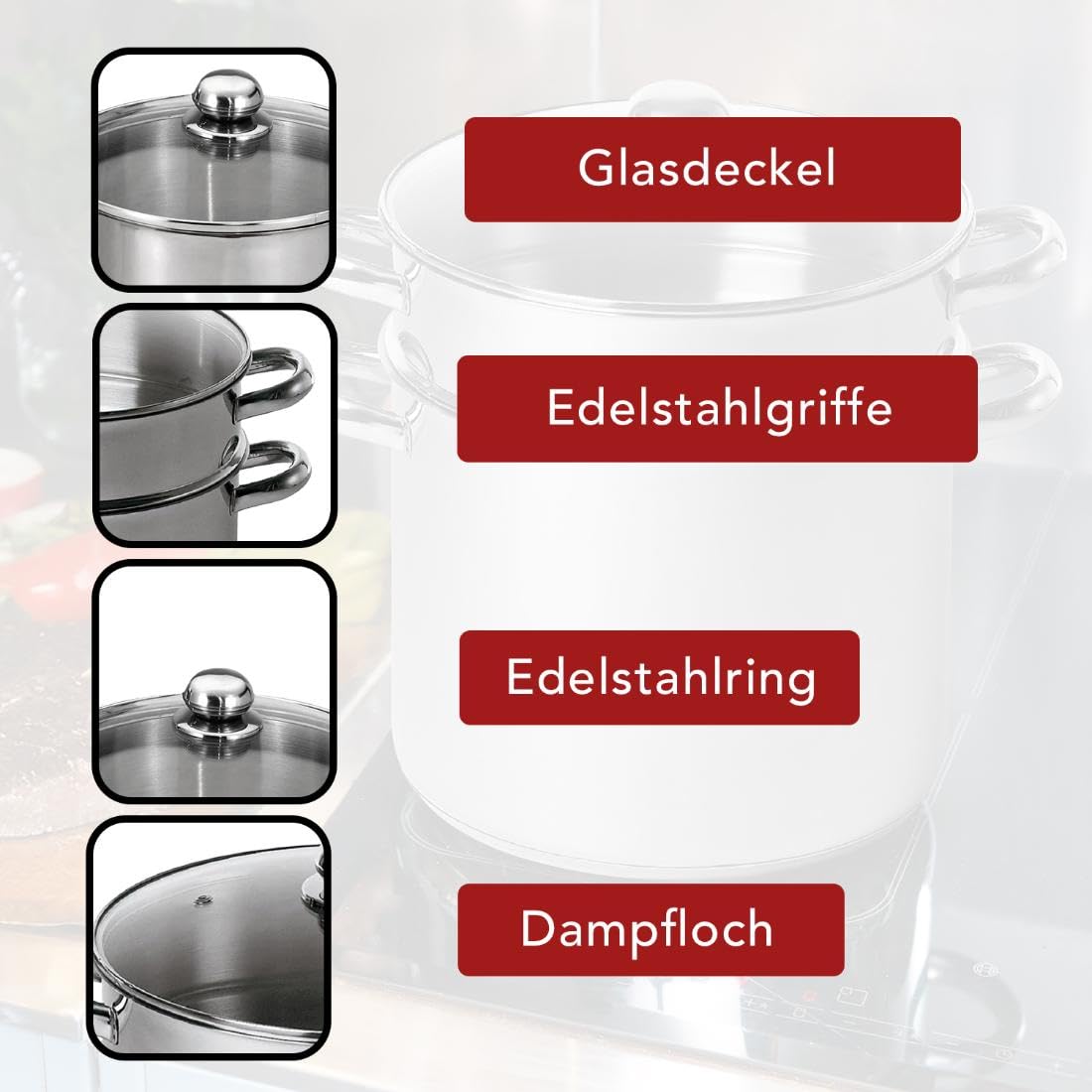 Baumalu - Couscous-Topf aus Edelstahl - Edelstahldeckel und -Griffe - Für alle Herdarten, einschließlich Induktion - Dreifachboden - Ø24 cm, 14 Liter, Silber