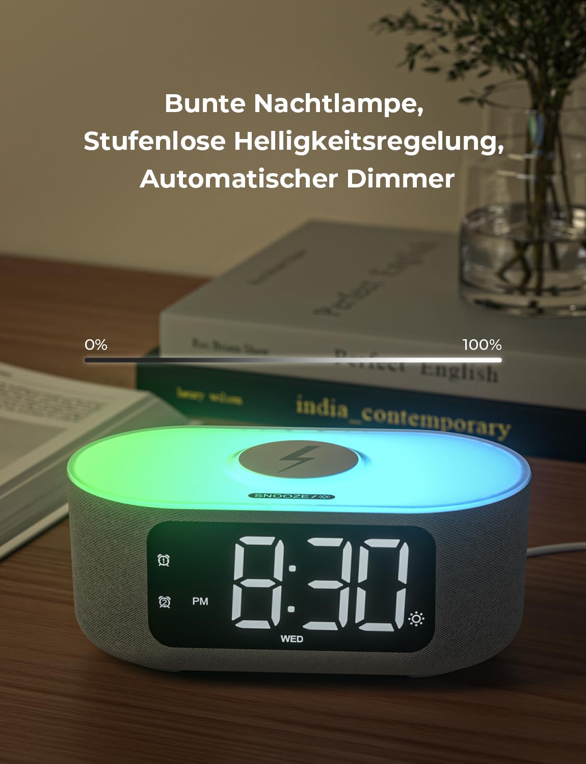 LIORQUE Digitaler Radiowecker mit Kabelloser Ladestation, Bluetooth Wecker mit Licht, 15W Fast Wireless Charger Qi, LED Display mit Auto Dimmer, 2 Wecker, Wochenendmodus, Schlafmusik